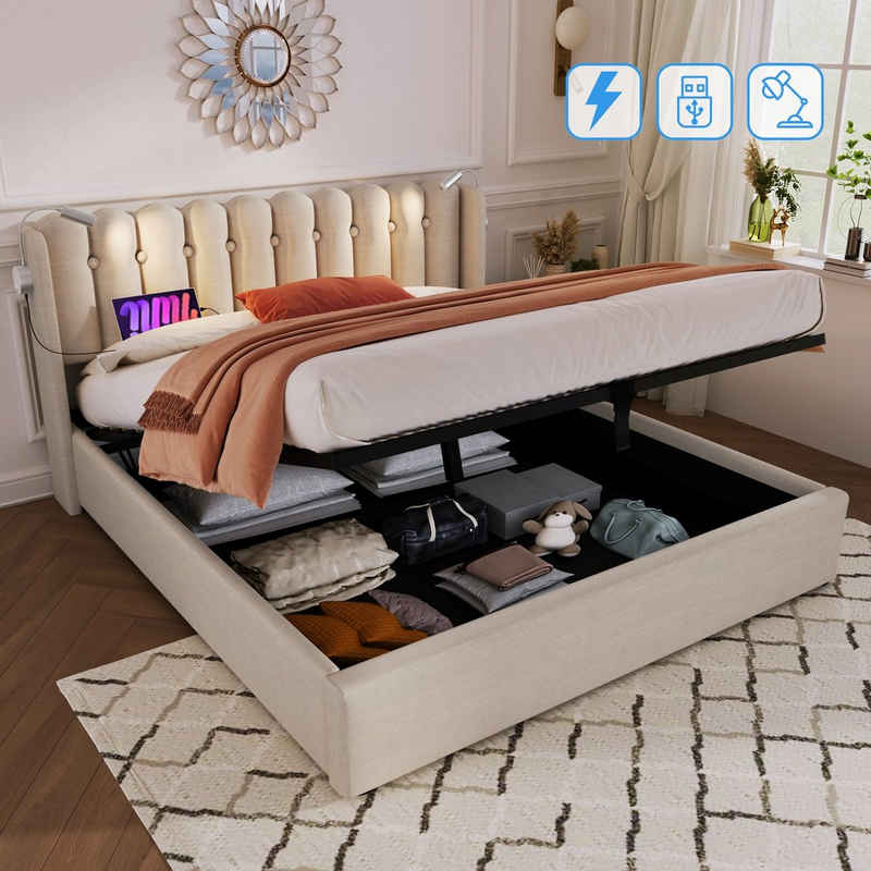 BlingBin Einzelbett Polsterbett (1-tlg., Ladefunktion und Bettkasten, mit Leselicht 140 ×200CM), 2 USB-Ladeanschlüsse, mit lattenrost, Ohne Matratze, Leinen
