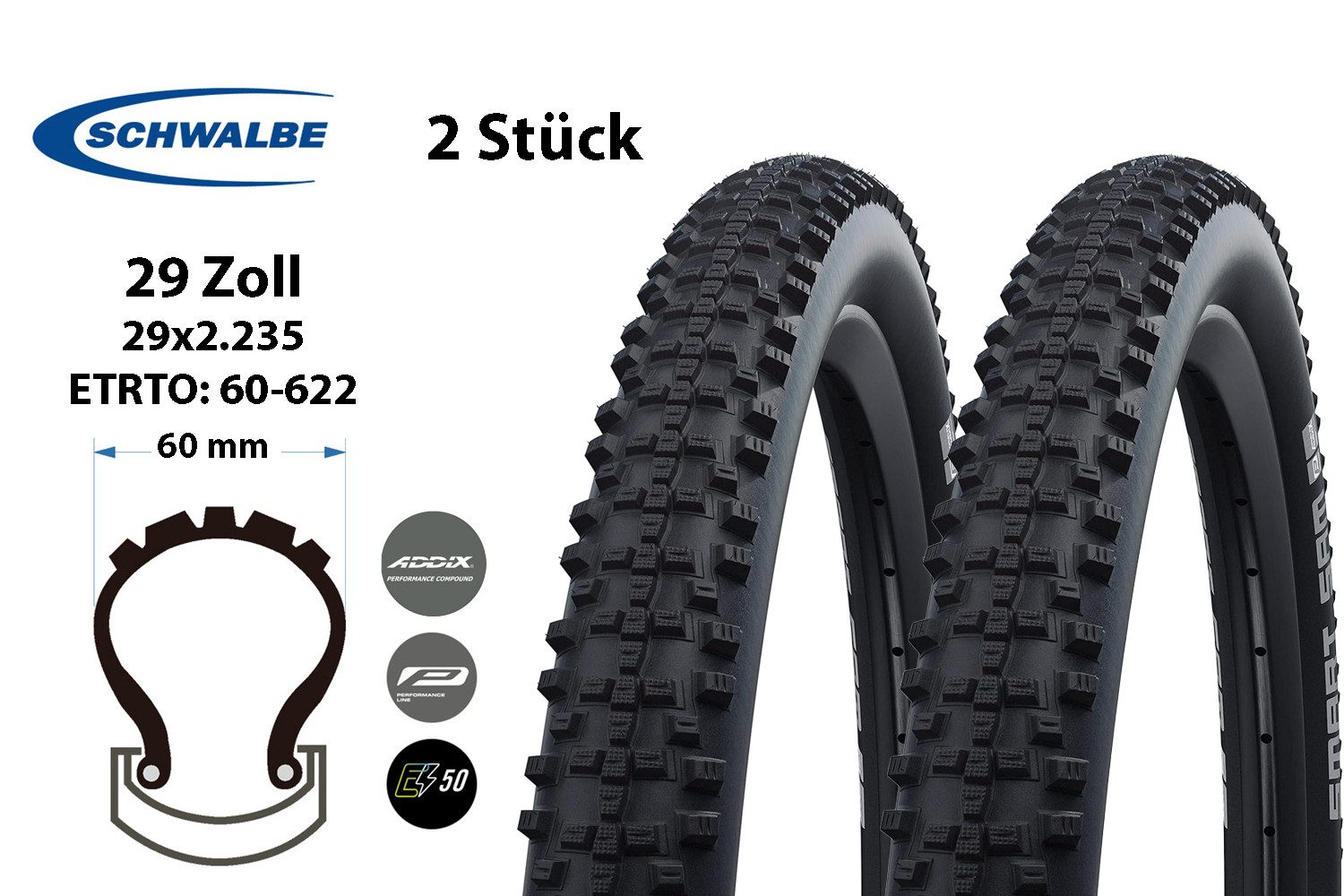Fahrradreifen 2 Stück 29 Zoll SCHWALBE SMART SAM Reifen 60-622 ADDIX 29x2.35 Draht