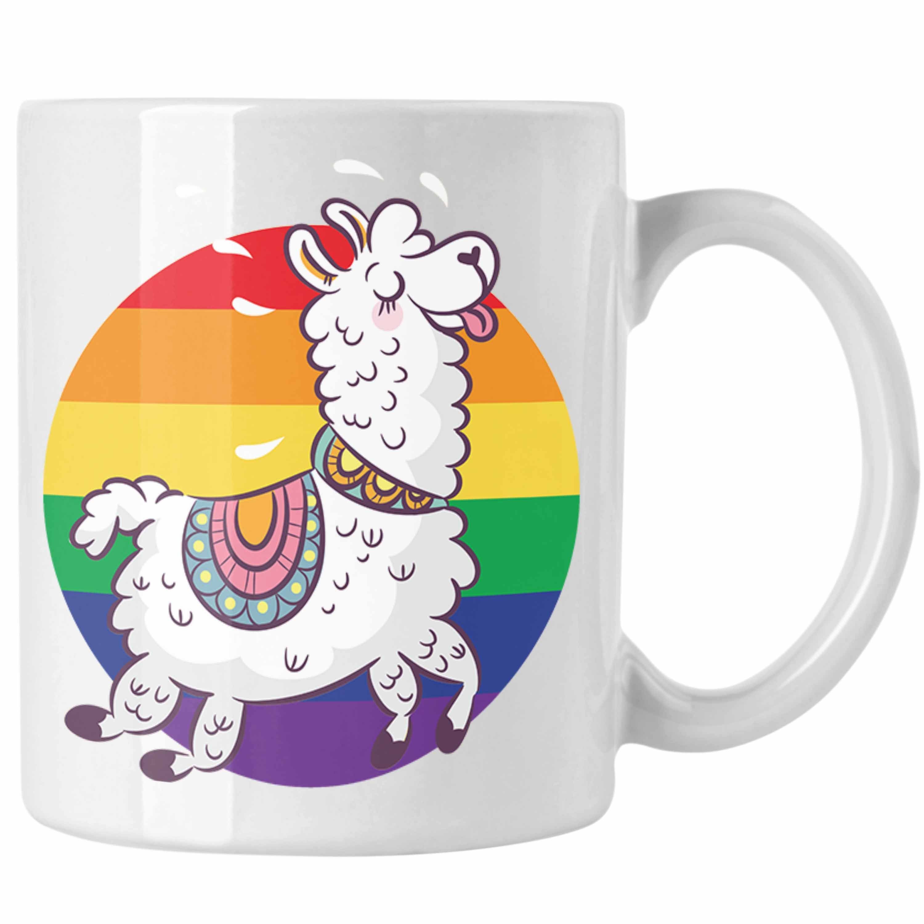 Trendation Tasse Trendation - Geschenk Grafik Llama Regenbogen LGBT Schwule Weiss Transgender Tasse Lesben Pride Tolles