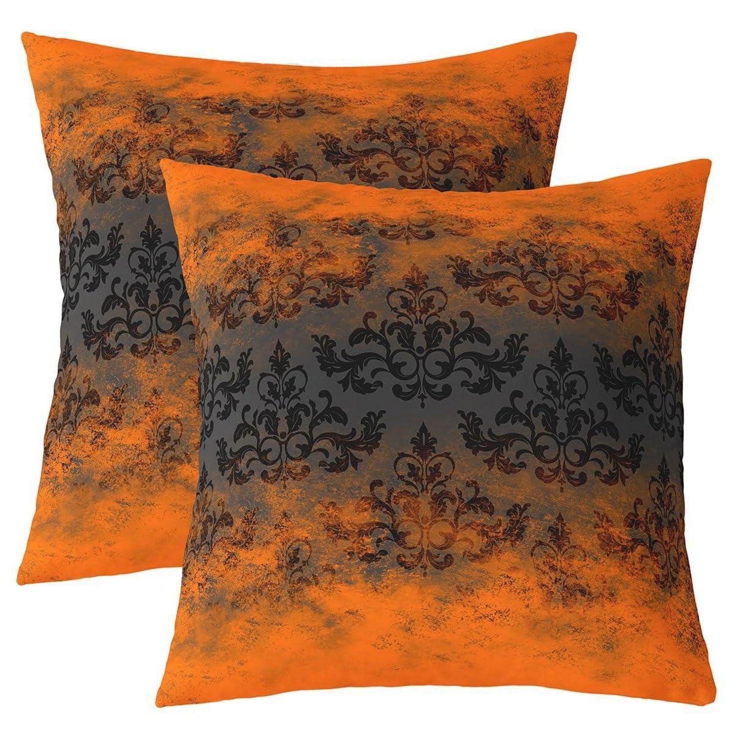 LuxusKollektion Kissenbezug Kissenbezug 2er Set 60x60cm Schwarz/Orange Damask, (2 Stück)