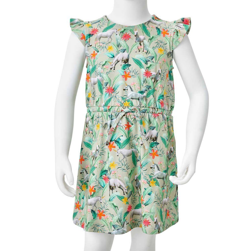 Kinderkleid vidaXL mit A-Linien-Kleid Pflanzen-Motiv und Flügelärmeln 128 Einhorn- Hellkhaki