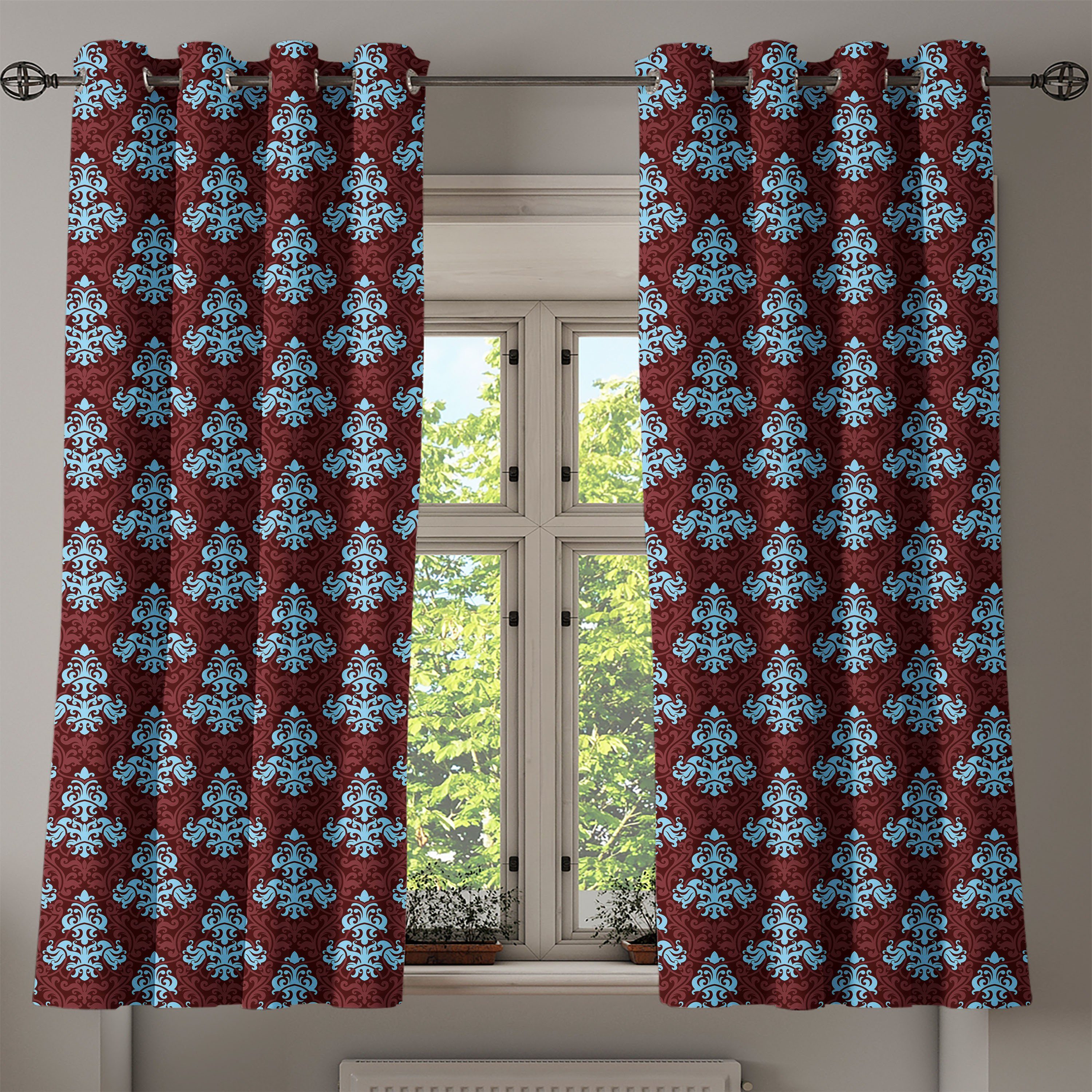 Gardine Dekorative 2-Panel-Fenstervorhänge für Schlafzimmer Viktorianisches Wohnzimmer, Blau braun Abakuhaus, Laub