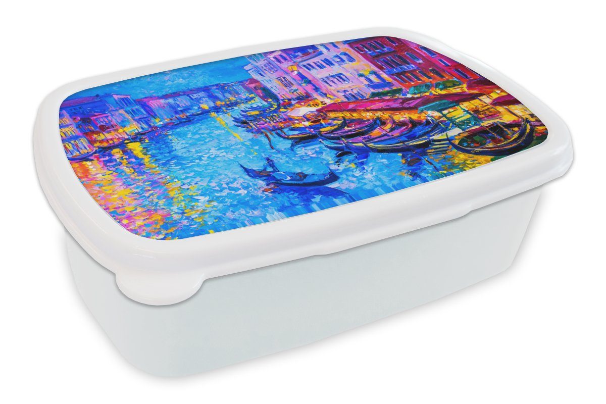MuchoWow Lunchbox Malerei - Italien - Boot - Wasser - Architektur, Kunststoff, (2-tlg), Brotbox für Kinder und Erwachsene, Brotdose, für Jungs und Mädchen weiß