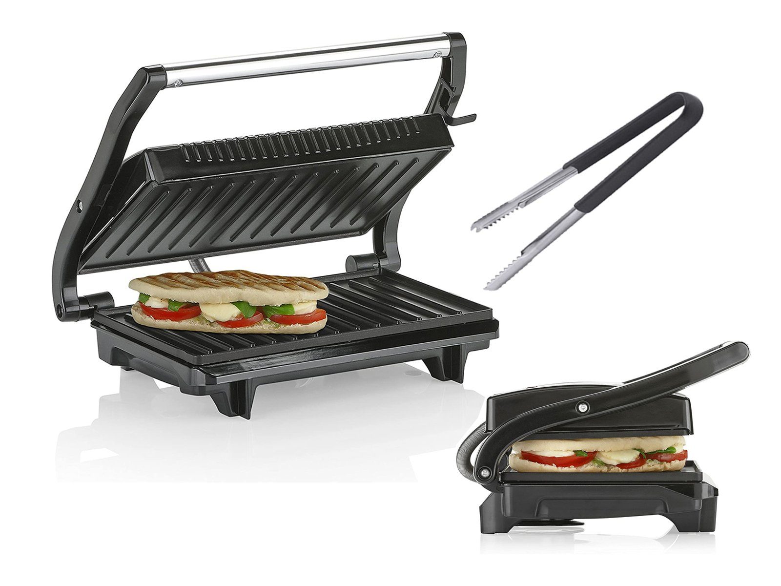 Tristar Kontaktgrill, 700 W, Kleiner Tischgrill & Grillzange Indoor Mulitgrill Paninimaker Camping