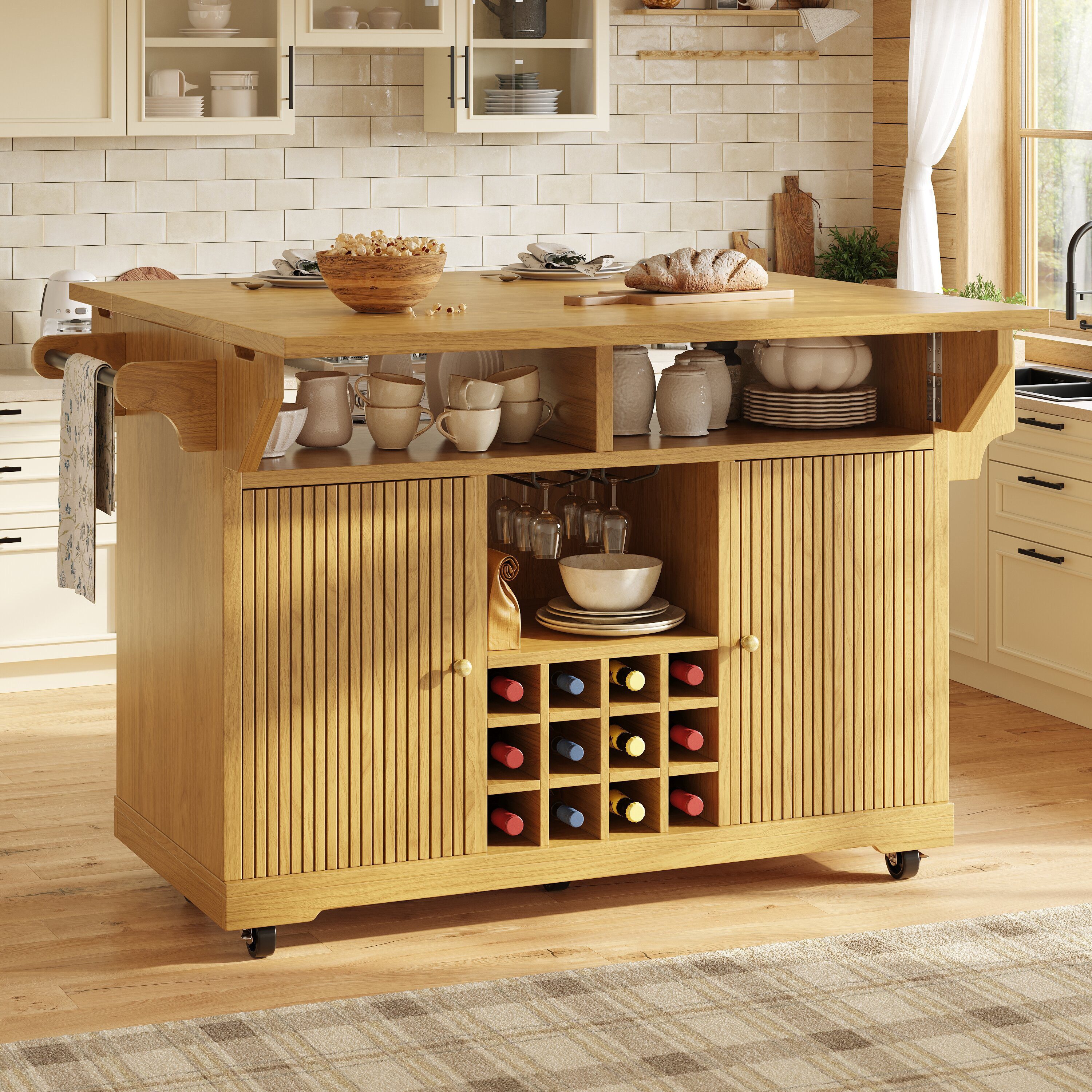 i@home Kücheninsel Küchenwagen freistehend mit ausklappbaren Arbeitsplatten, (Servierwagen auf Rollen, Weinflaschenhalter), beidseitig erweiterbar, mobiler Bartisch für Esszimmer