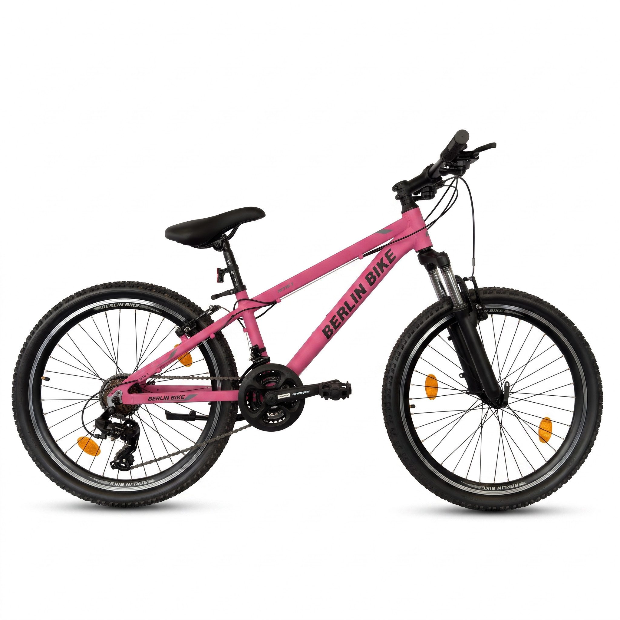 BERLIN BIKE Kinderfahrrad 24 Zoll Mountainbike für Mädchen – Rosa, leichter Aluminiumrahmen, 21 Gang Shimano RD-TY300/TY500 Schaltwerk, Kettenschaltung, (Aluminiumrahmen & V-Bremsen – leicht, stabil, sicher), mit 24"x 2,10" Luftreifen ideal für Gelände und Alltag