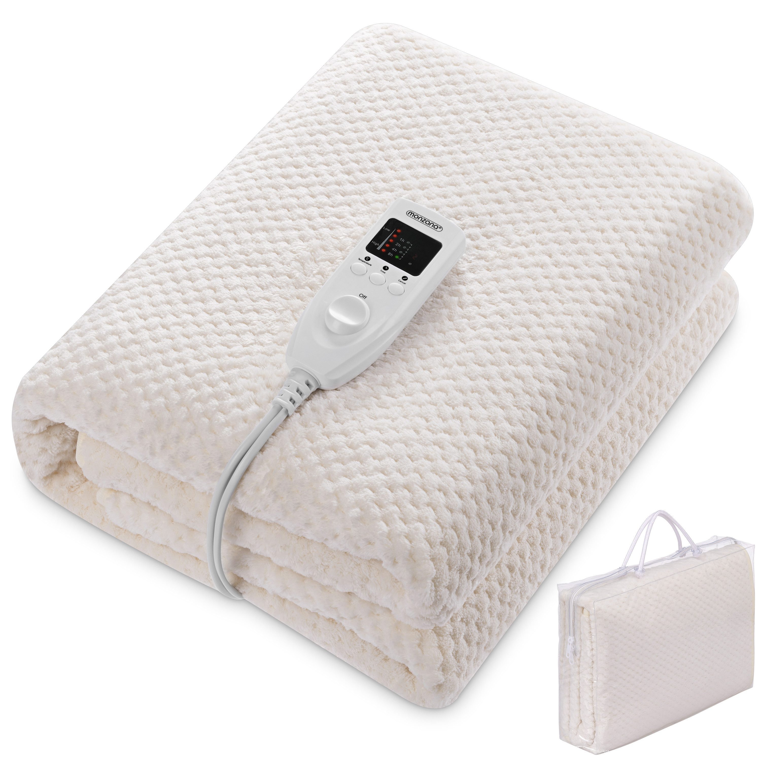 monzana Heizdecke, Wärmeunterbett 150x80cm 5 Stufen Timer Coral Fleece 60W creme