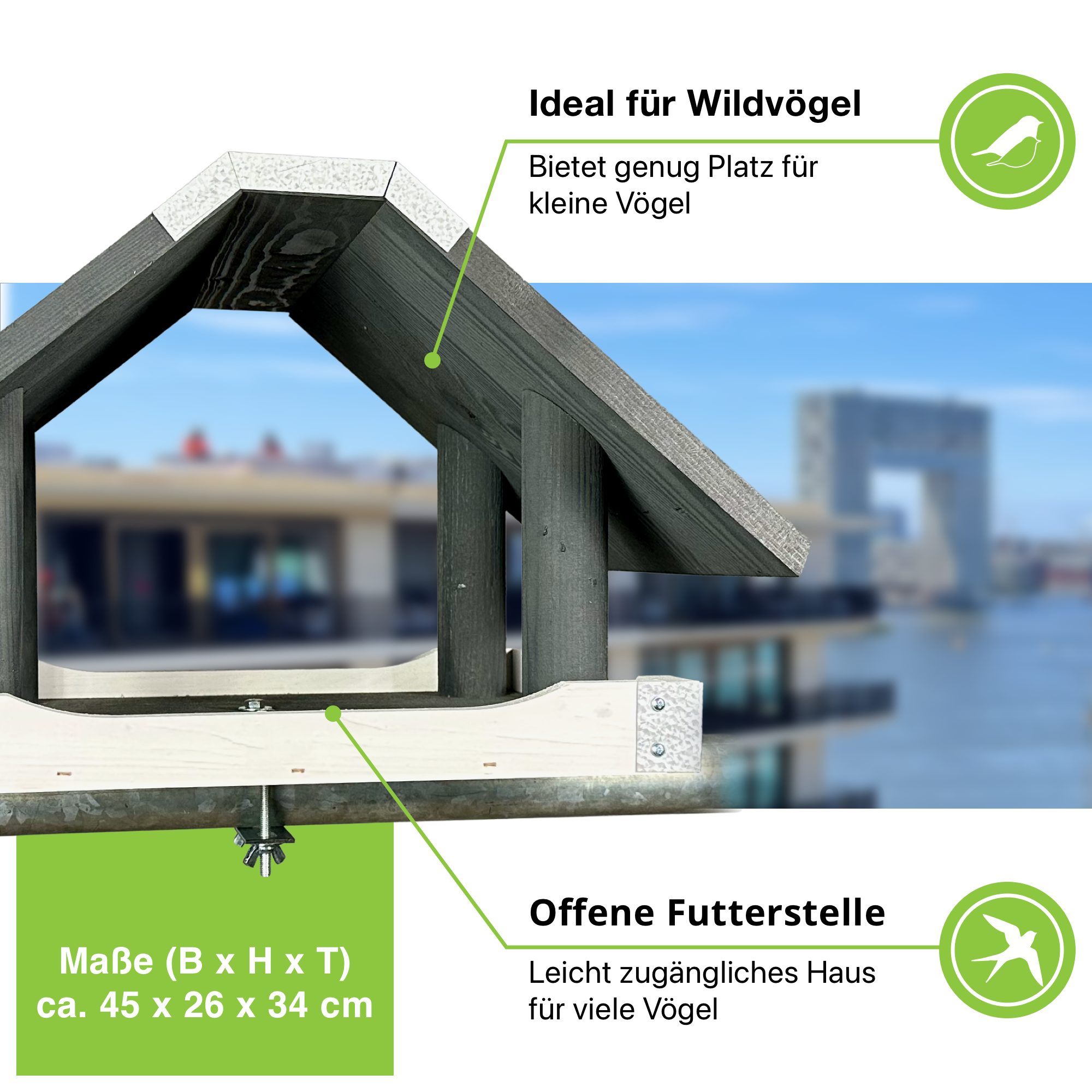 gartenetage Vogelhaus Modernes Vogelhaus mit Balkonhalterung aus Kiefernholz, wetterfestes Futterhaus für Wildvögel mit stabilem Dach, handgefertigt