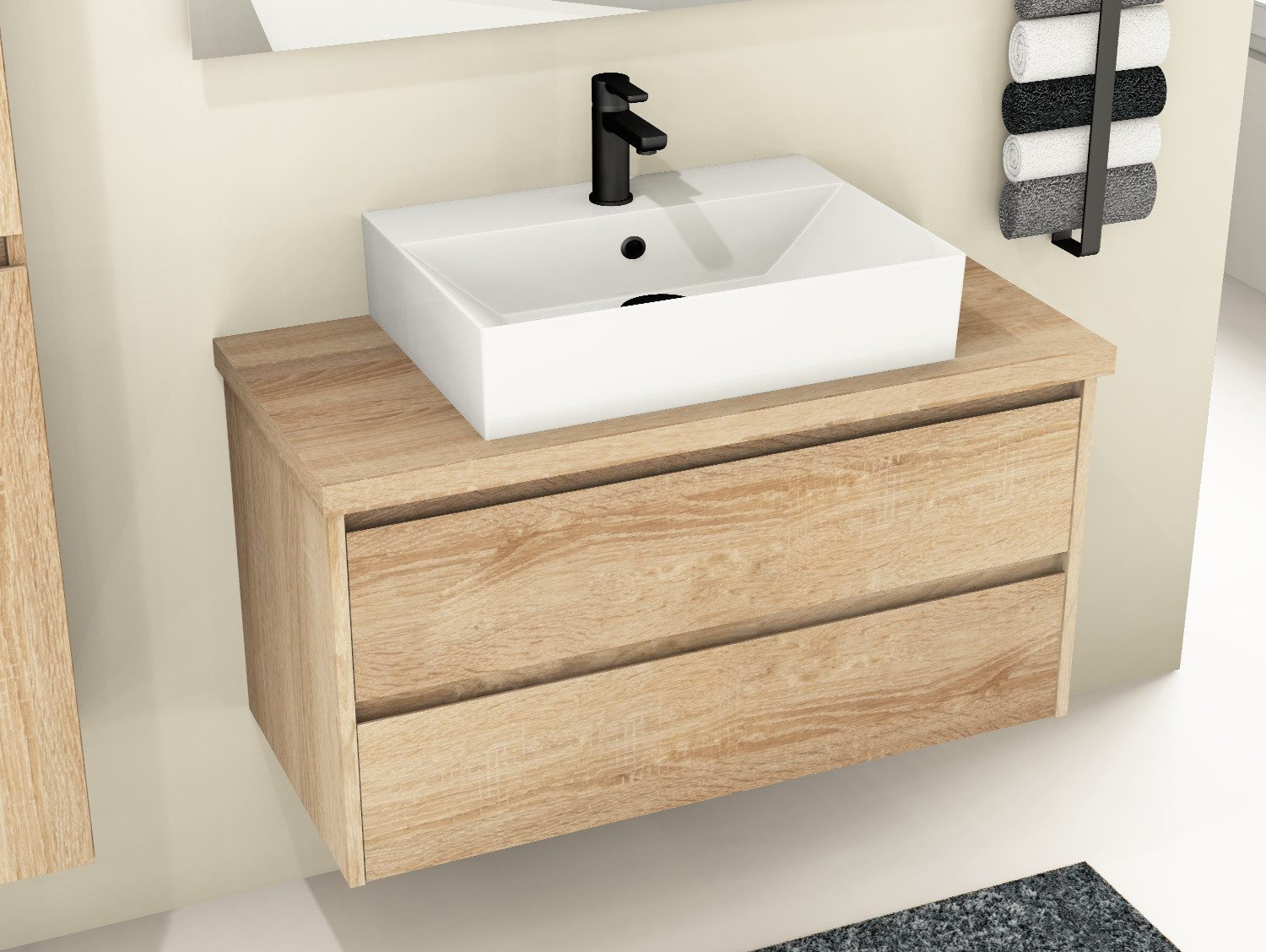Aqua Bagno Badmöbel-Set Duo Waschplatz 100 cm Badmöbel MDF Eiche Gold 2 Soft-Close Schubladen, (vormontiert, 3-St., Badmöbelschrank melaminbeschichtet, Trägerplatte, Keramikwaschbecken), einfache Montage, Badschrank