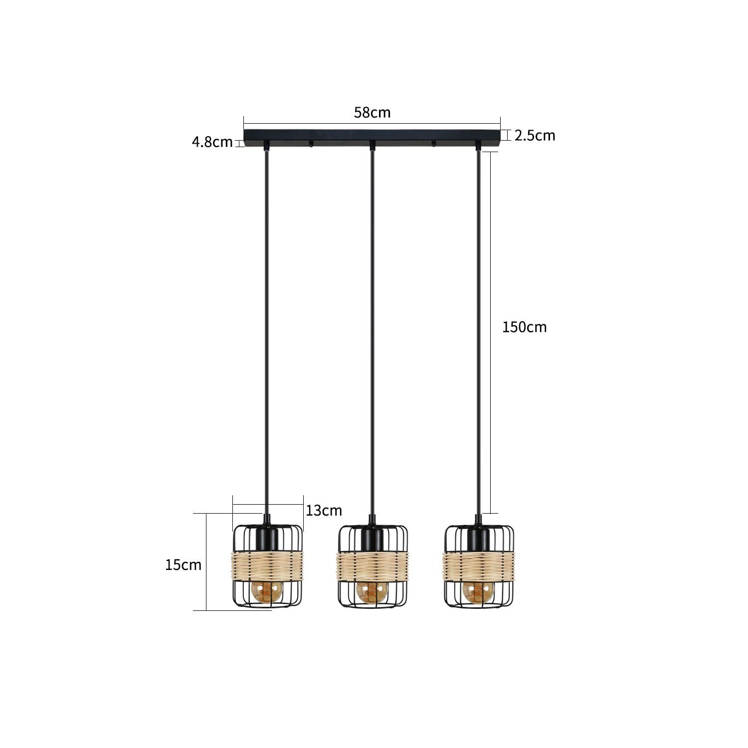 3 ohne Schwarz, Flammig, Pendelleuchte Esstischlampe E27 Pendellampe Leuchtmittel, Deckenpannel rechteckig Vintage ZMH