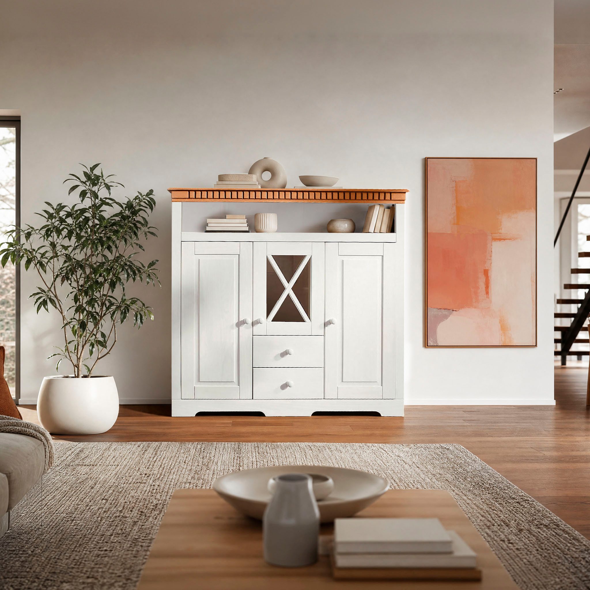 OTTO home Highboard Lisa, Stauraumschrank aus massivem Kiefernholz, mit dekorativen Fräsungen