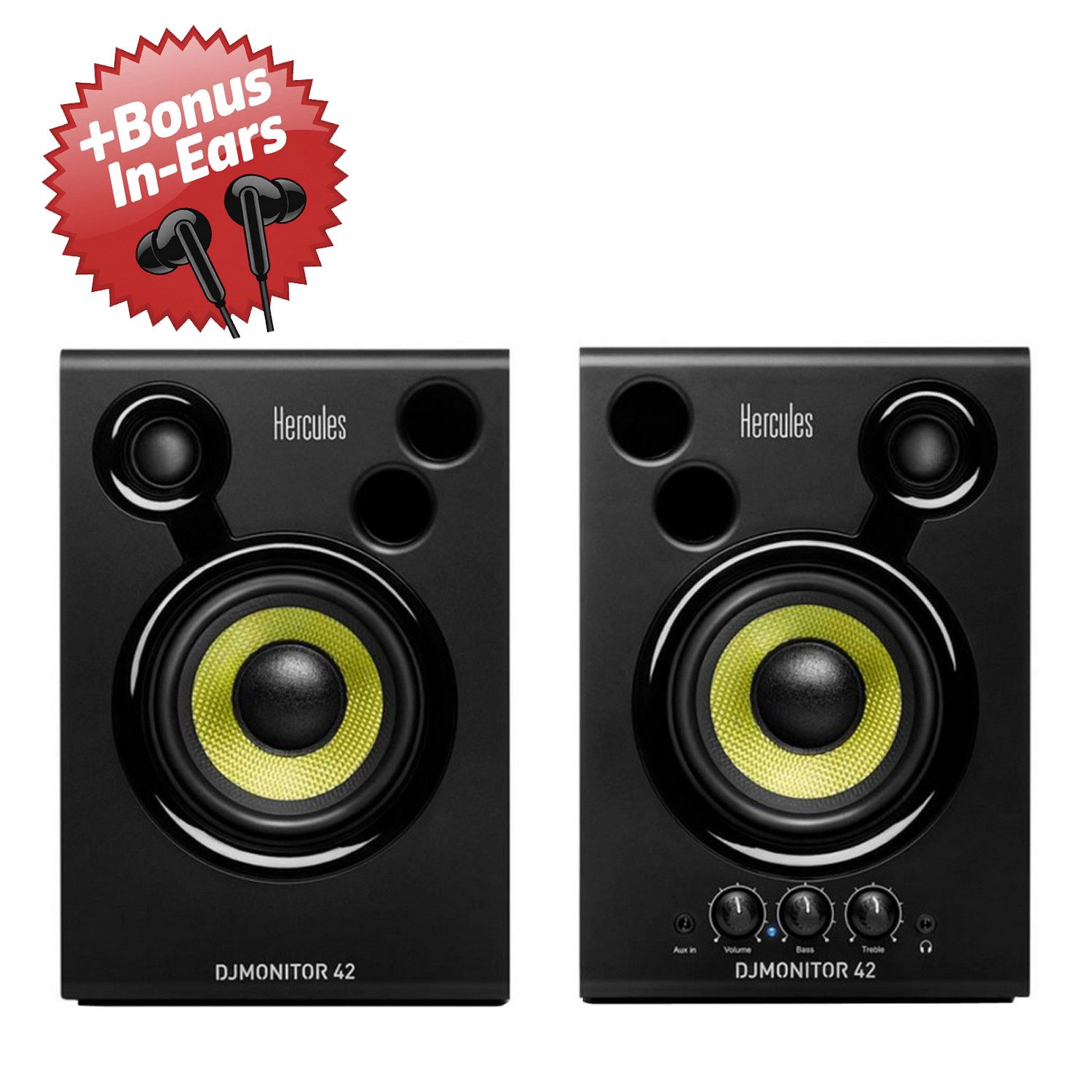 HERCULES DJ Controller Hercules DJ Monitor 42 Monitor-Boxen + Bonus In-Ear Kopfhörer, (DJ Monitor Boxen), DJ Monitor Boxen