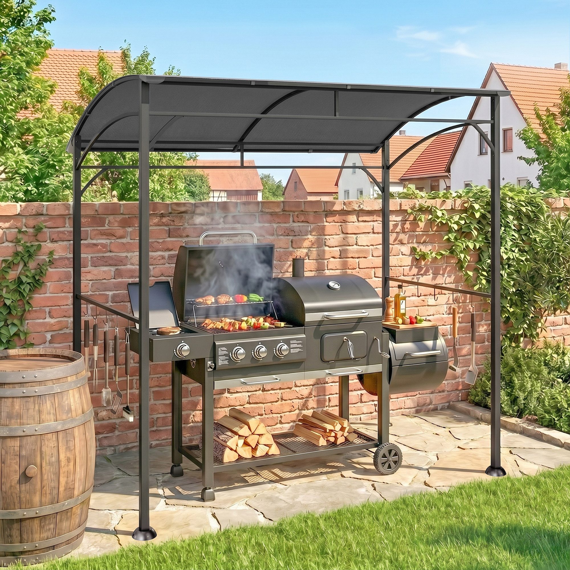 Outsunny Grillpavillon 215 x 150 x 220 cm, mit Gebogendach, Haken, mit 0 Seitenteilen, (Gartenpavillon, wasserabweisend Gartenlauben), für Garten Party Picknick BBQ, Dunkelgrau