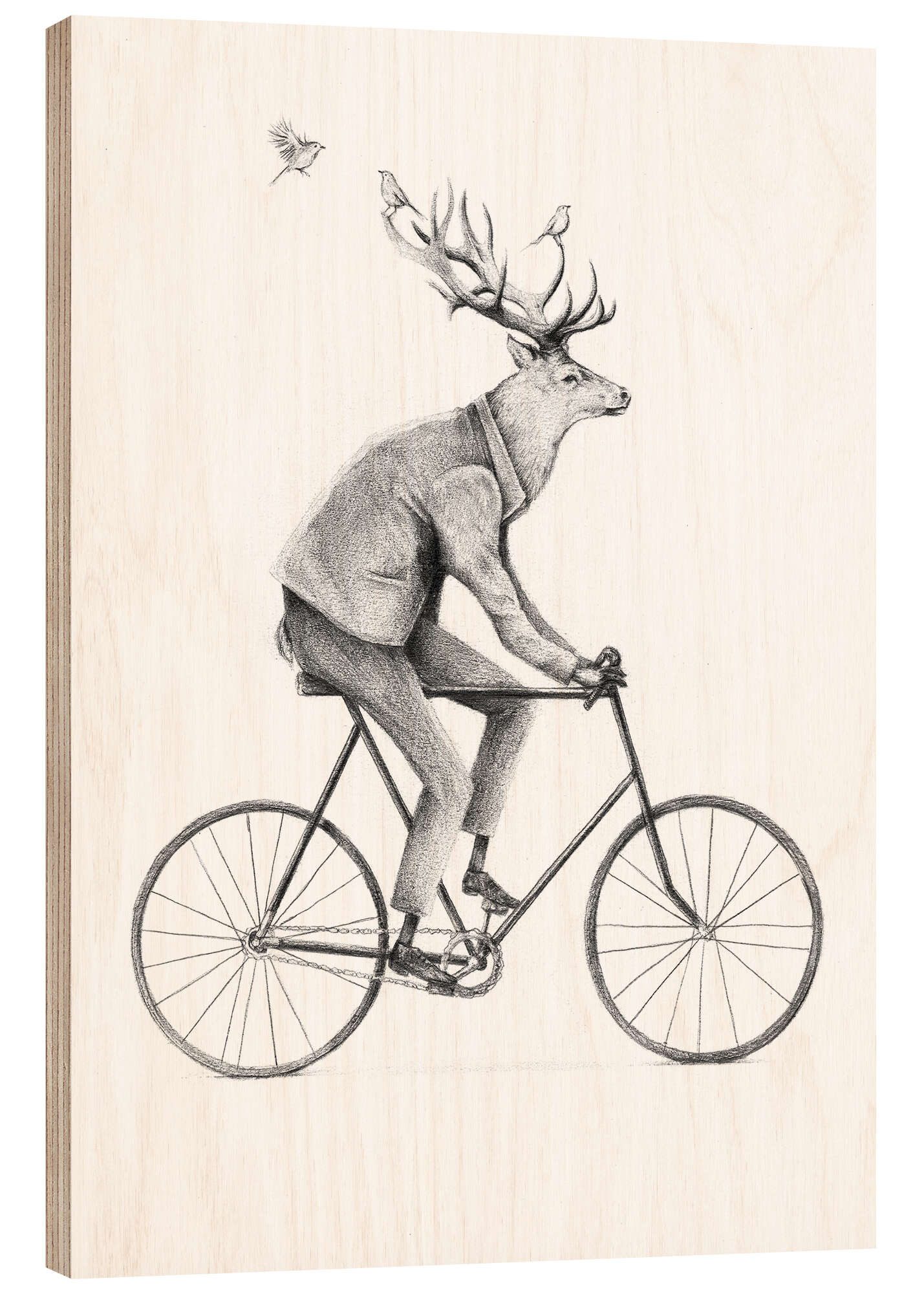 Posterlounge Holzbild Mike Koubou, Auch ein Gentleman fährt Fahrrad Schwarz/Weiß, Kinderzimmer Illustration
