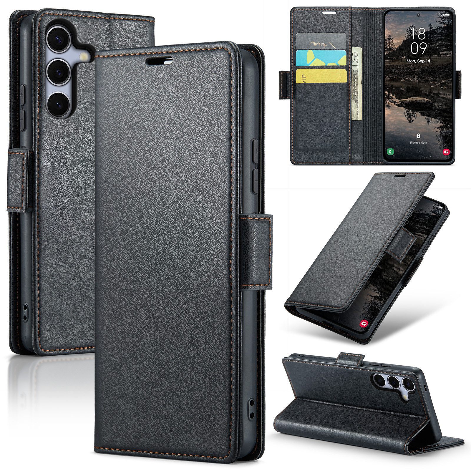 CLM-Tech Handytasche für Samsung Galaxy S25 FE 6,7 Zoll PU Leder Klapphülle (schwarz, Flip Case inklusive Standfunktion und Kartenfächer), Magnetverschluss, RFID-Blockierung