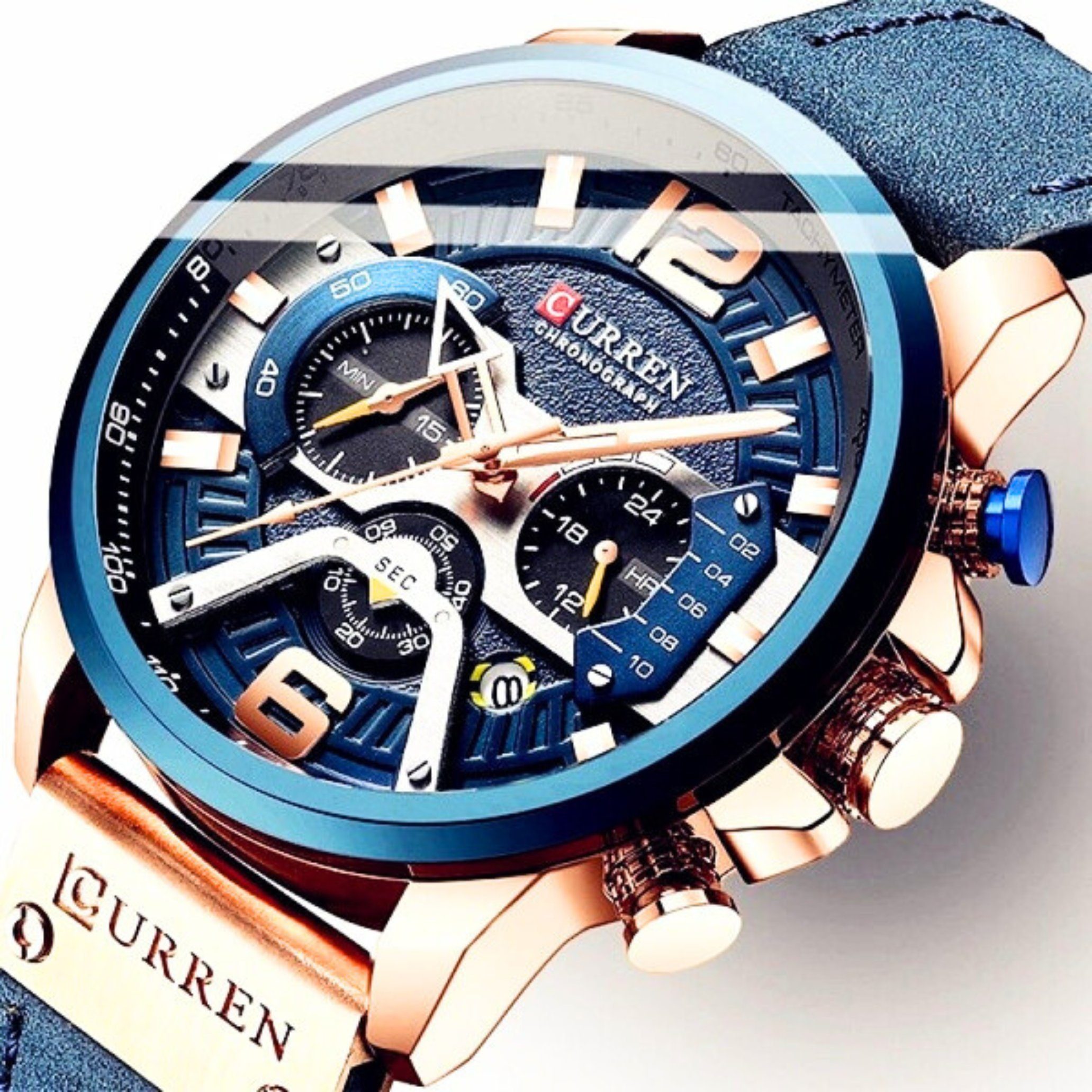 Manike Quarzuhr englischer Chronograph (Spar Roségold mit Chronographenuhr, Set, deutscher Sekundenzifferblatt und Herren-Uhren Analog 8329, blau Chronograph - kleines Quarzuhr Anleitung)