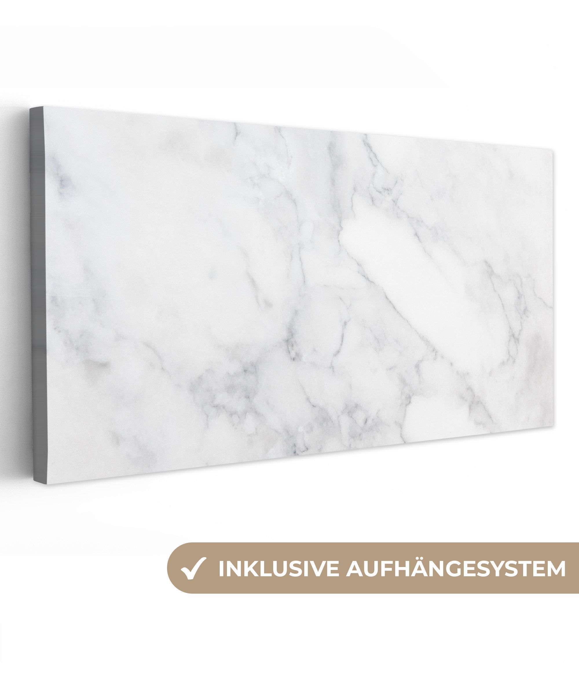 OneMillionCanvasses® Leinwandbild Panorama Marmor - Weiß - Grau - Luxus - Marmoroptik - Stein, Fotodruck (1 St), Wandbild, Deko Schlafzimmer Wohnzimmer Flur 40x20 cm