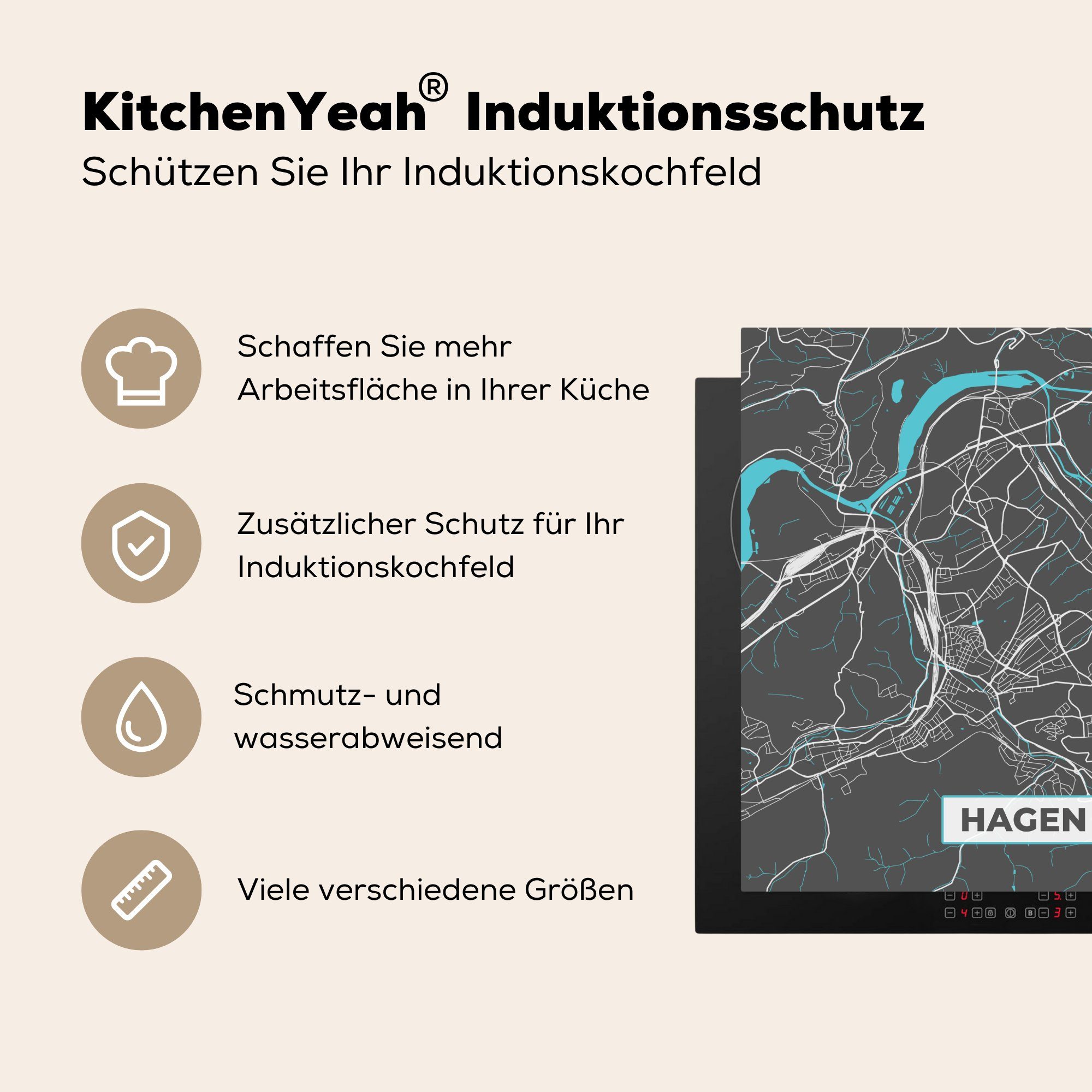MuchoWow Herdblende-/Abdeckplatte tlg), - - 78x78 (1 Deutschland - Vinyl, Karte, Ceranfeldabdeckung, Blau cm, Hagen Arbeitsplatte für - Stadtplan küche