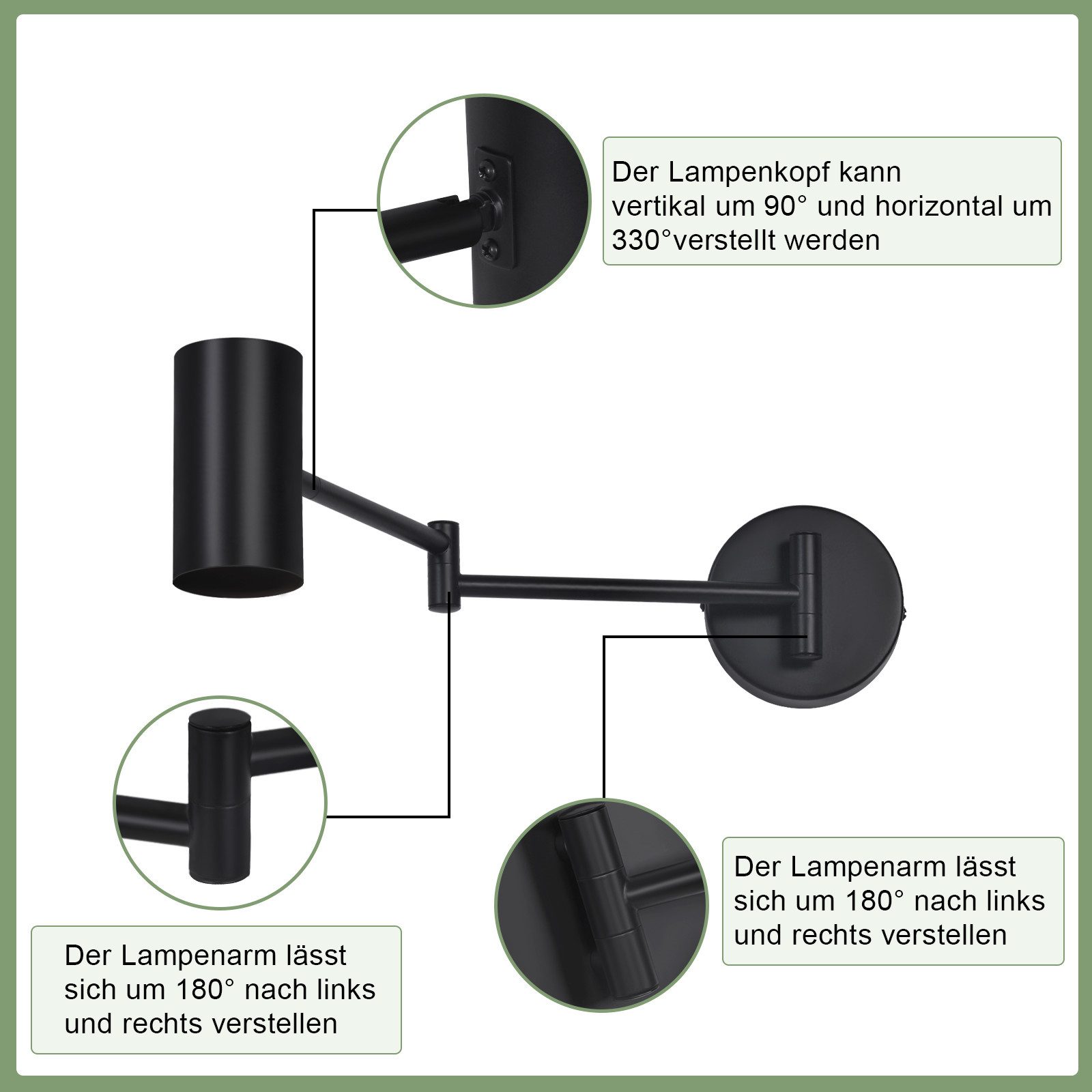 Nettlife Wandleuchte Innen Wandlampe Schwarz Vintage Schwenkbar Metall, Ohne Schalter Stecker, LED wechselbar, Schlafzimmer Treppenhaus Wohnzimmer
