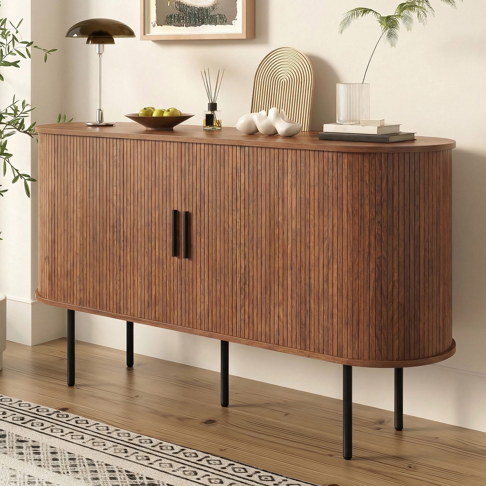 Merax Sideboard in Holzoptik, Schrank Wohnzimmerschrank Anrichte (1 St), Kommode mit Rolltüren, Stauraum und Metallbeinen, 140x40x78cm