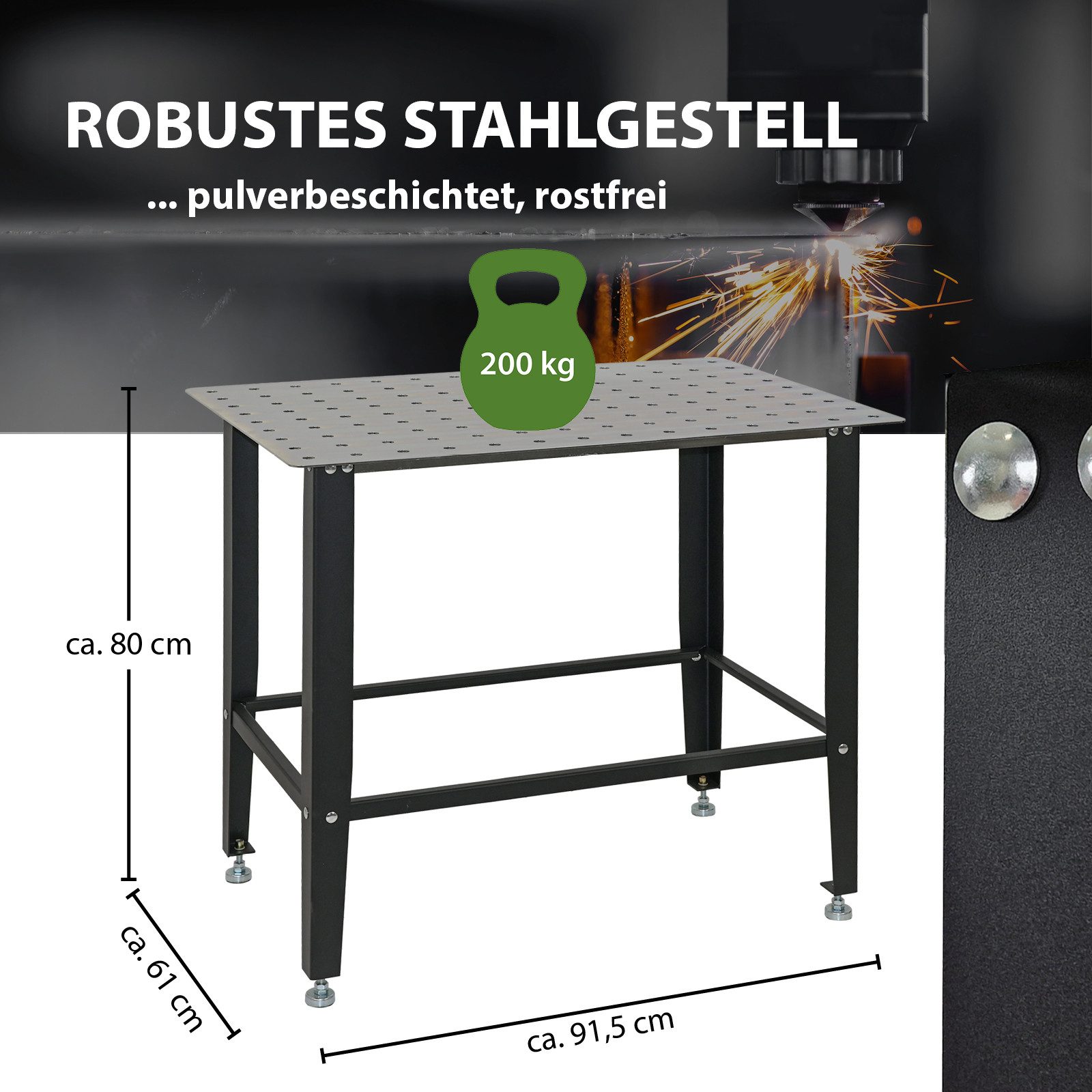 TRUTZHOLM Schweißtisch mit Lochplatte Stahl 91,5 x 61 x 80 cm Tragkraft 200 kg, Robuste Arbeitsplatte, genormte Lochplatte, massives Gestell