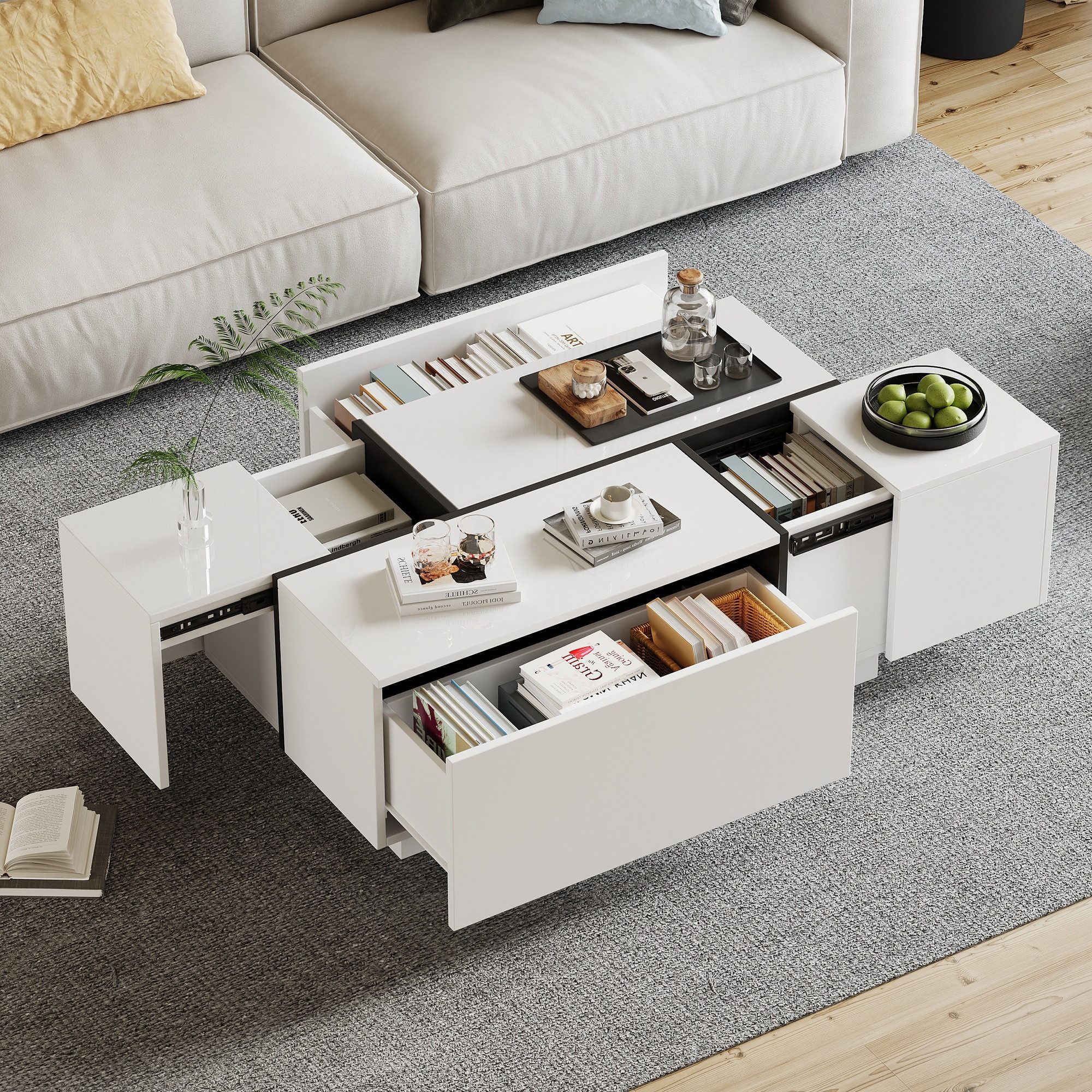 IDEASY Couchtisch Weißer Couchtisch mit 4 Schubladen & Hochglanz