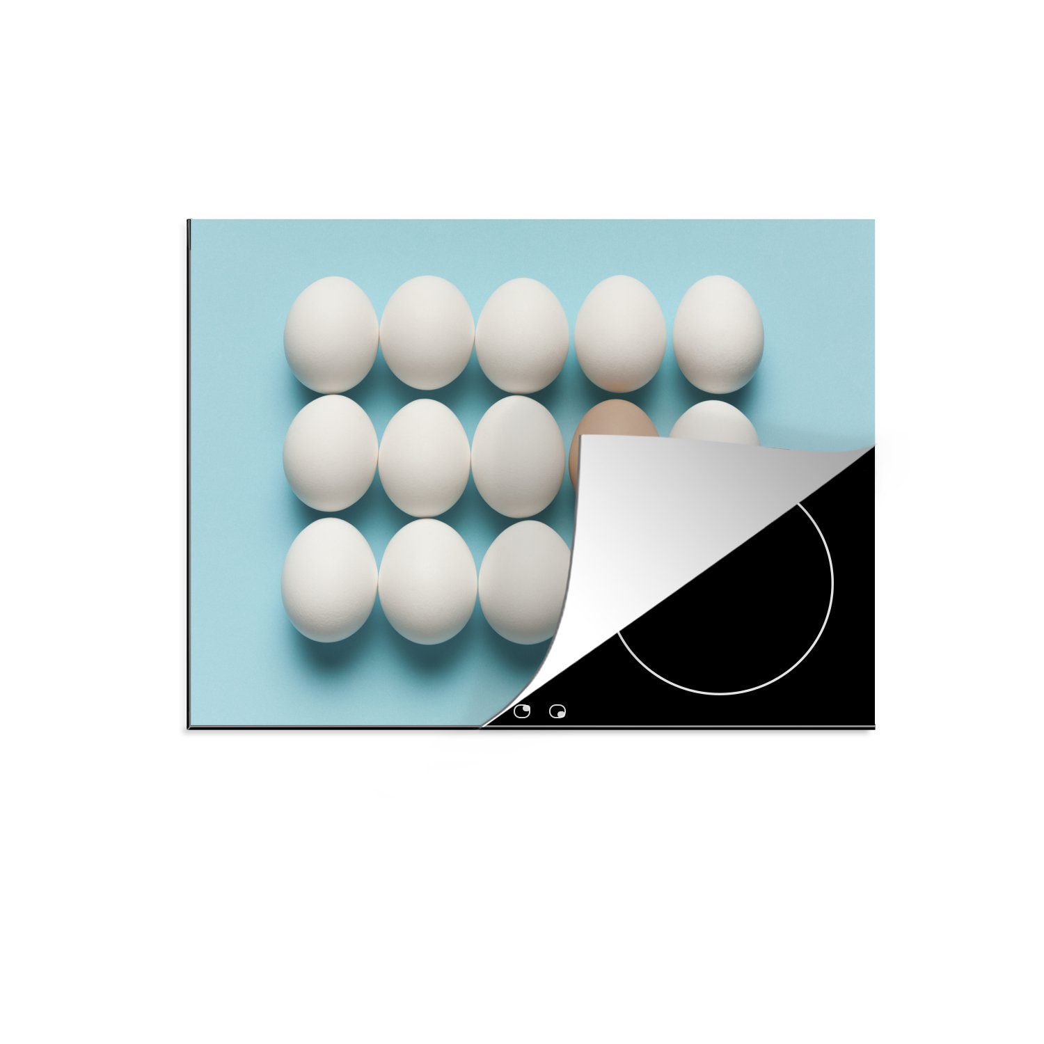 MuchoWow Herdblende-/Abdeckplatte Braunes Ei unter weißen Eiern, Vinyl, (1 tlg), 71x52 cm, Induktionskochfeld Schutz für die küche, Ceranfeldabdeckung