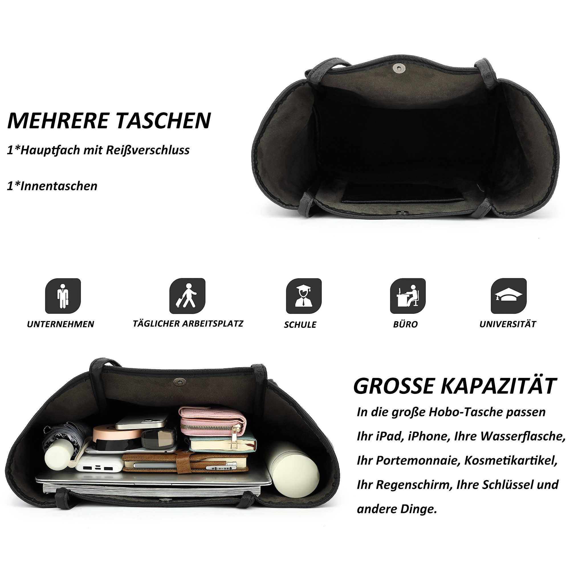 TAN.TOMI Schultertasche Damen Magnetverschluss Umhängetasche PU Leder Tote Shopper Bag, Mit Innentaschen und dekorative Anhänger für Arbeit, Schule, Einkauf – Bild 5 von 5