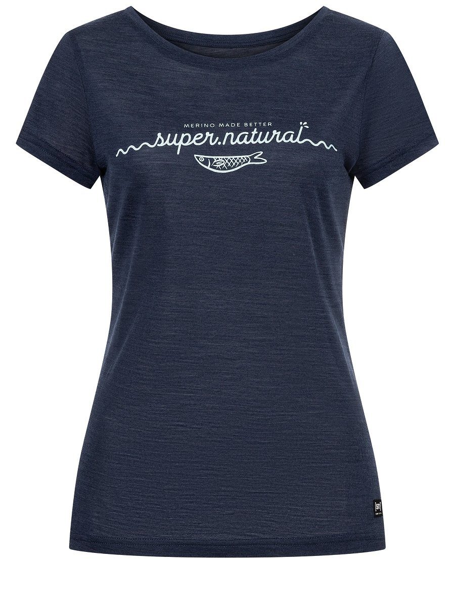 T-Shirt Print, SUPER.NATURAL TEE W Iris lässiger Merino Melange/Cloud Blue Print-Shirt Merino-Materialmix SARDA Blue