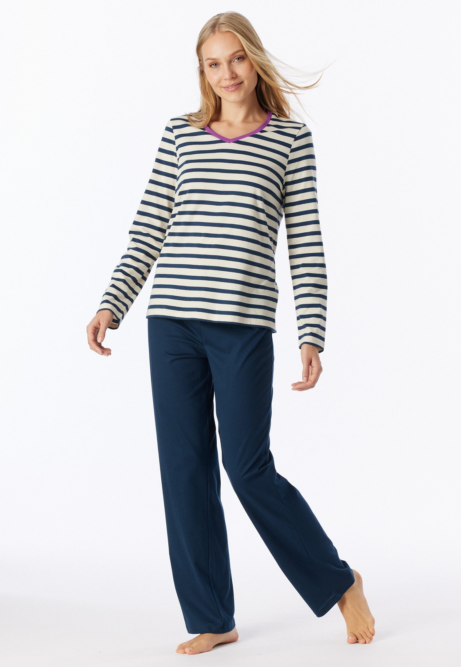 Schiesser Schlafanzug Casual Essentials (2 tlg) Baumwolle, V-Ausschnitt, langärmelig