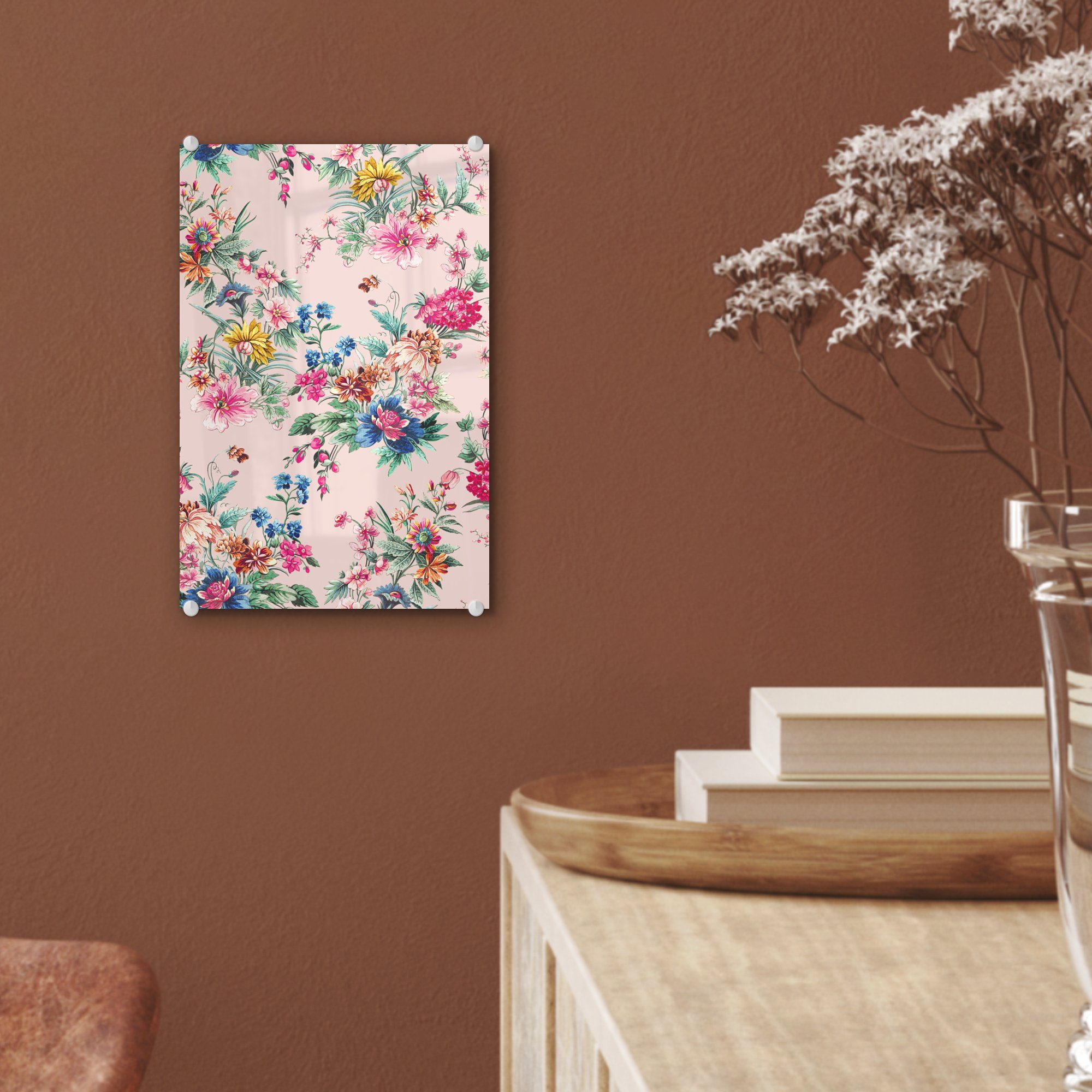 MuchoWow Acrylglasbild Blumen - Rosa (1 Bilder Glas Pastell, - auf - - Wandbild auf St), Glasbilder Wanddekoration - Glas Foto