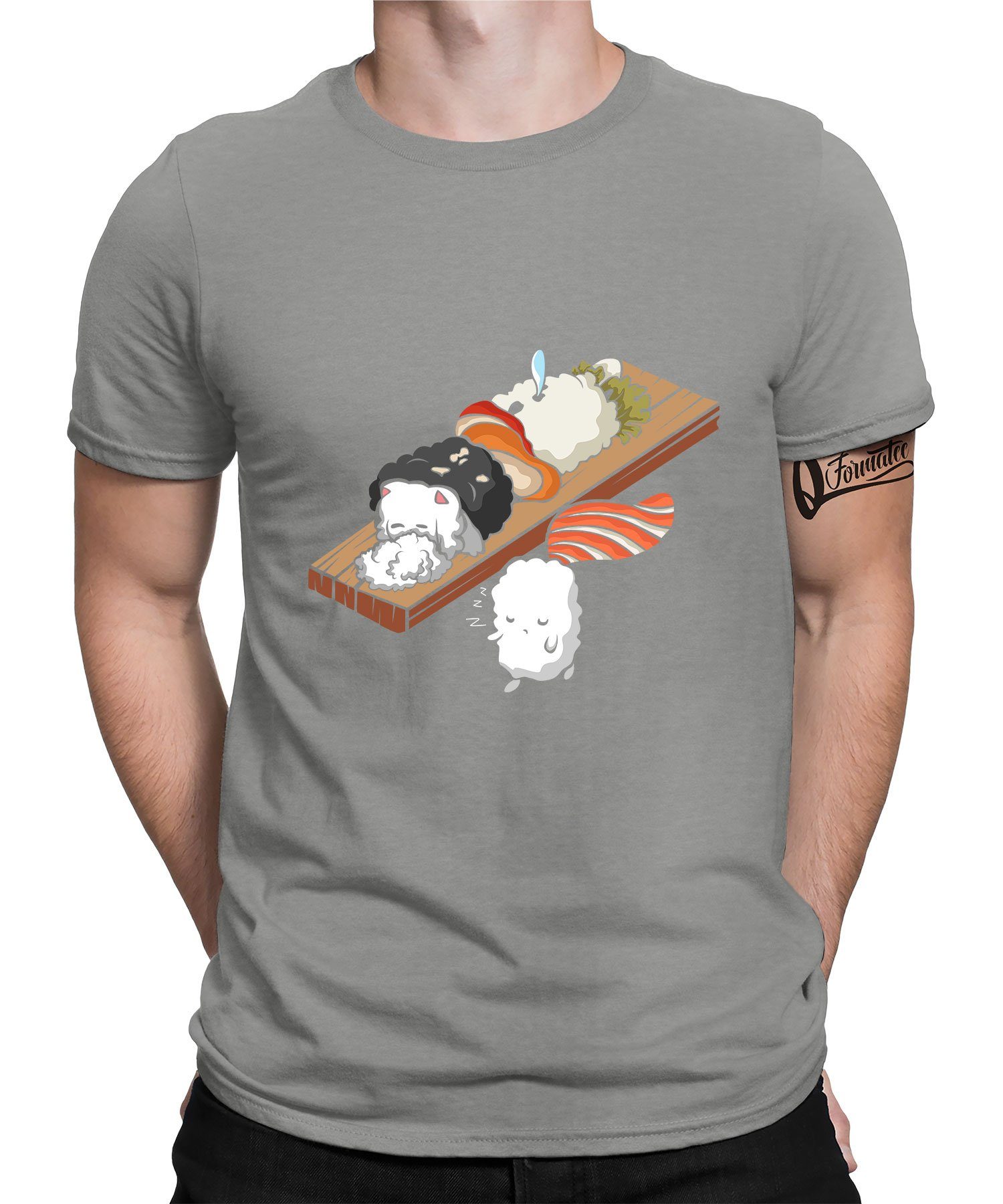 Quattro Formatee Kurzarmshirt Sleep Walking Sushi - Anime Japan Ästhetik Herren T-Shirt (1-tlg) Heather Grau
