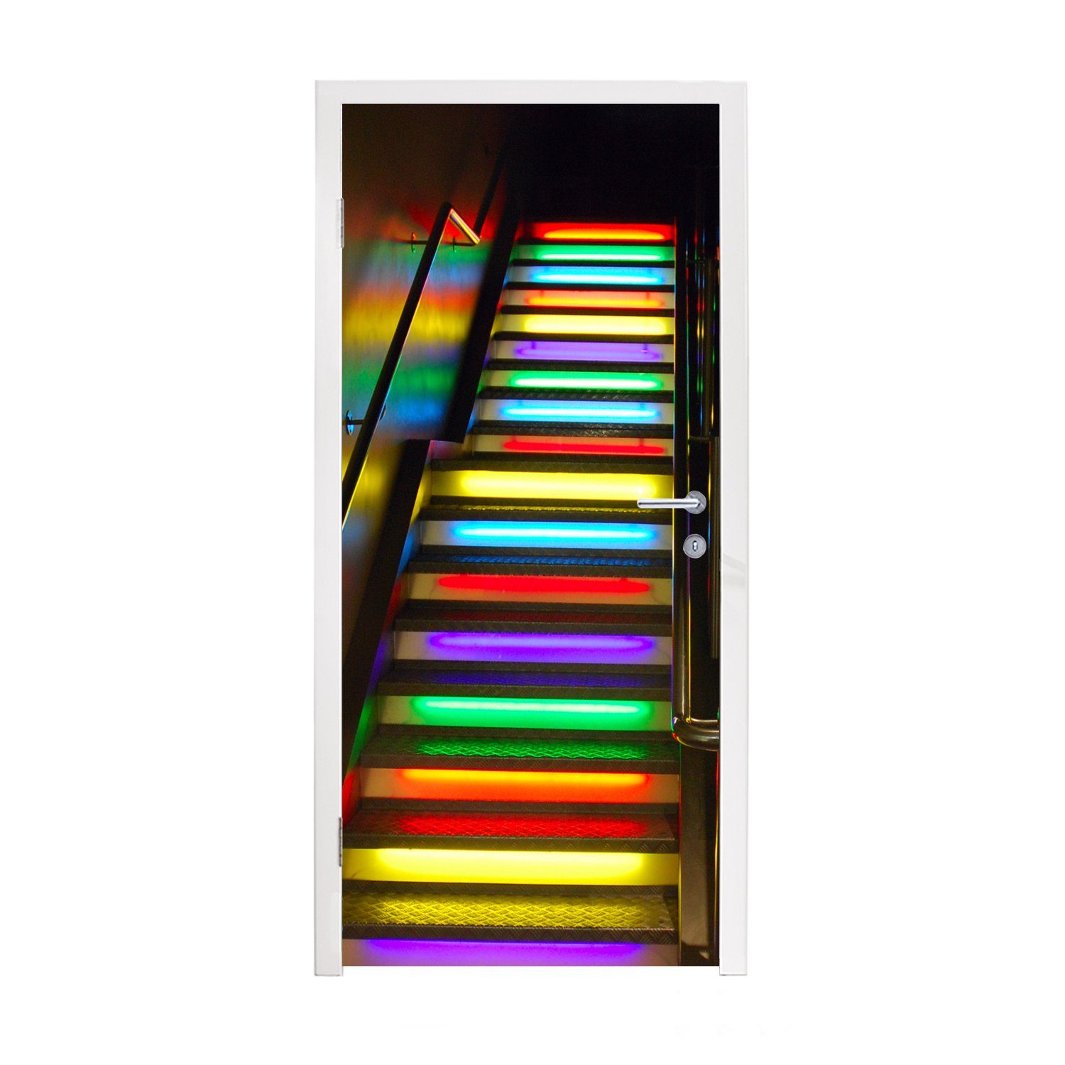 MuchoWow Türtapete Beleuchtete Treppen in den Farben des Regenbogens, Matt, bedruckt, (1 St), Fototapete für Tür, Türaufkleber, 75x205 cm
