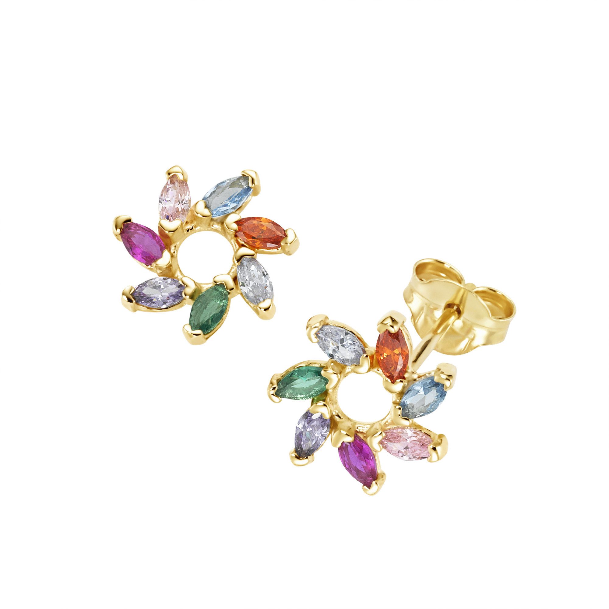 Paar Ohrstecker Blüte mit bunten Zirkonia, Gold 375