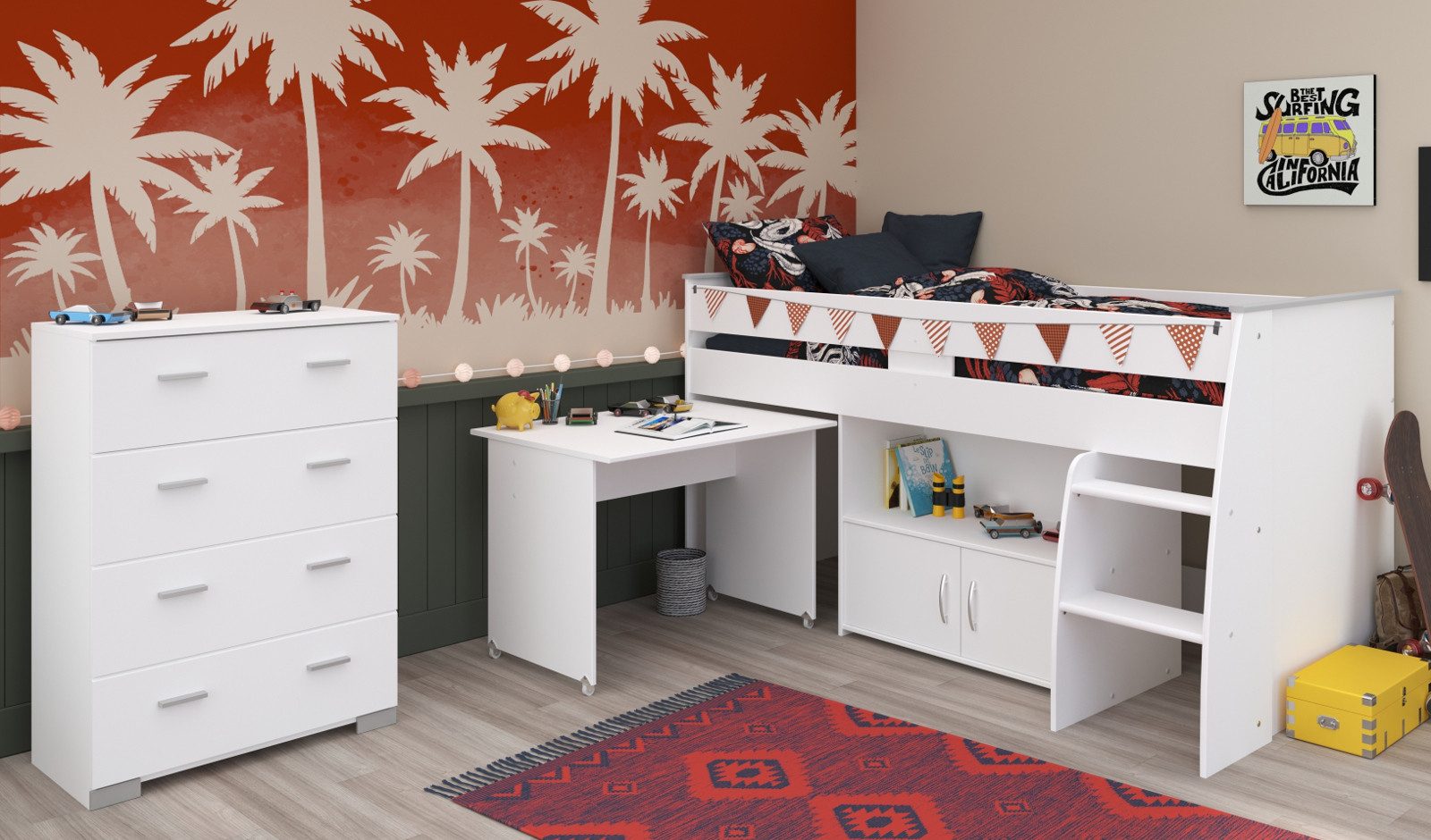 Parisot Jugendzimmer-Set Releave, (Kinderzimmer in Weiß, Hochbett mit Schreibtisch und Kommode, Liegefläche 90 x 200 cm), kein Lattenrost erforderlich