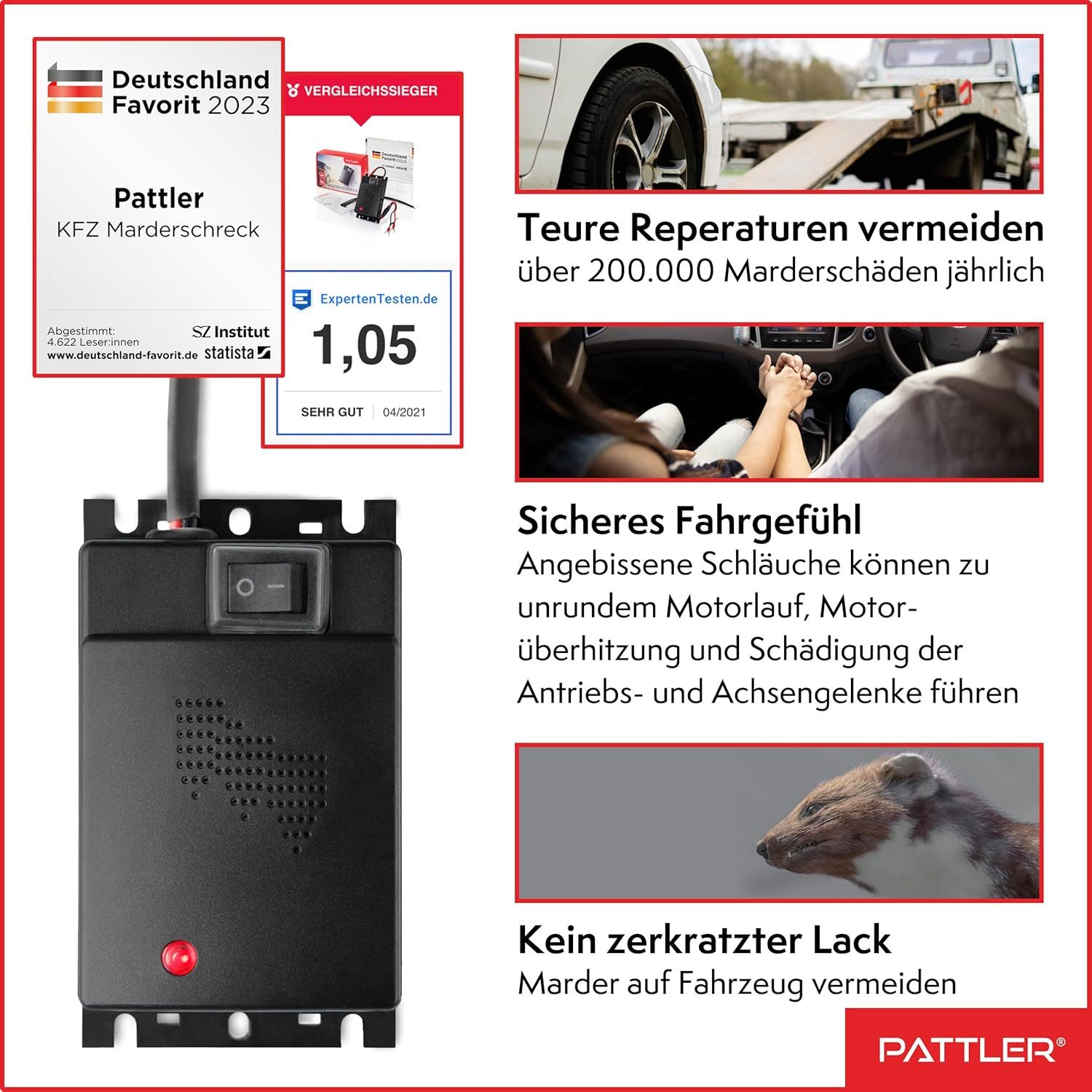 Pattler Ultraschall-Tierabwehr Marderschreck Auto Anschluss an 12V Autobatterie, Sofortiger & Langfristiger Marderschutz für Auto im Motorraum 2-tlg., Effektive Marderabwehr für Auto - mit Ultraschall