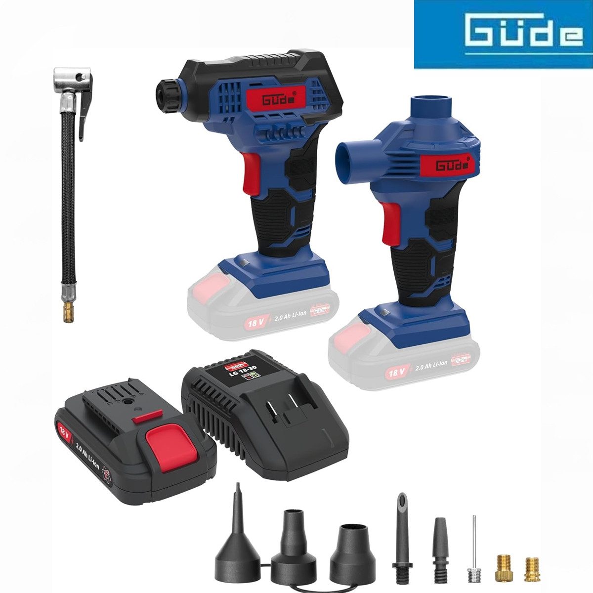 Güde Kompressor 18V Kompressor u. Luftpumpenset KLS 18-0 mit Akku 2 Ah / Ladegerät 3A