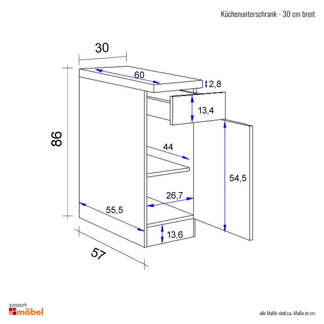 Flex-Well Unterschrank Küchenunterschrank - 30 cm breit - Weiß Sonoma Eiche – Salerno
