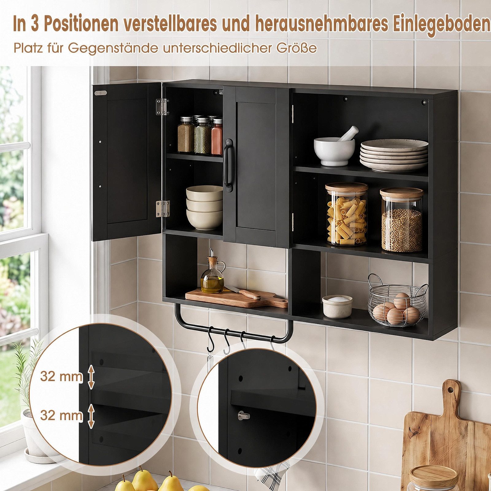 COSTWAY Hängeschrank Badezimmerschrank mit Handtuchhalter, Fächern Wandschrank Holz – Bild 4 von 5