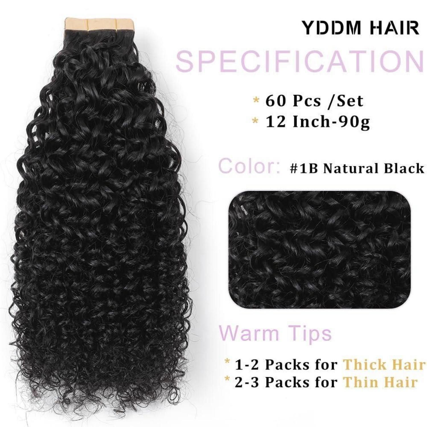 LuxusKollektion Echthaar-Extension Tape Extensions Echthaar Kinky Curly 1B# 12zoll-30.5cm(60er Pack)