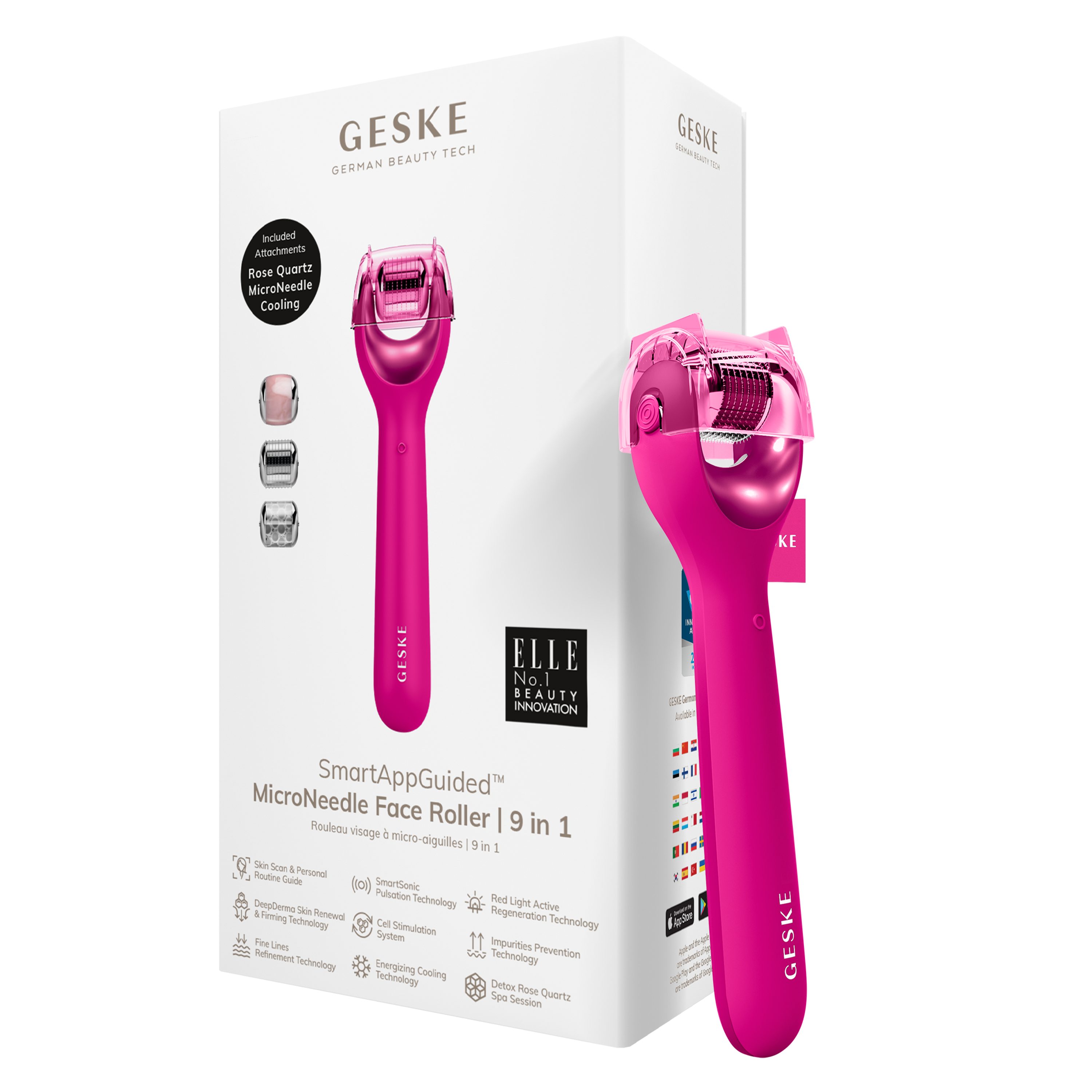 GESKE German Beauty Tech Micro-Needling SmartAppGuided™ MicroNeedle Face Roller 9 in 1, Packung (Gerät & USB-Ladekabel), 2-tlg., Gerät inkl. kostenloser APP (SmartAppGuided Device), Mit der GESKE App erhältst Du deine personalisierte Hautpflegeroutine. Magenta