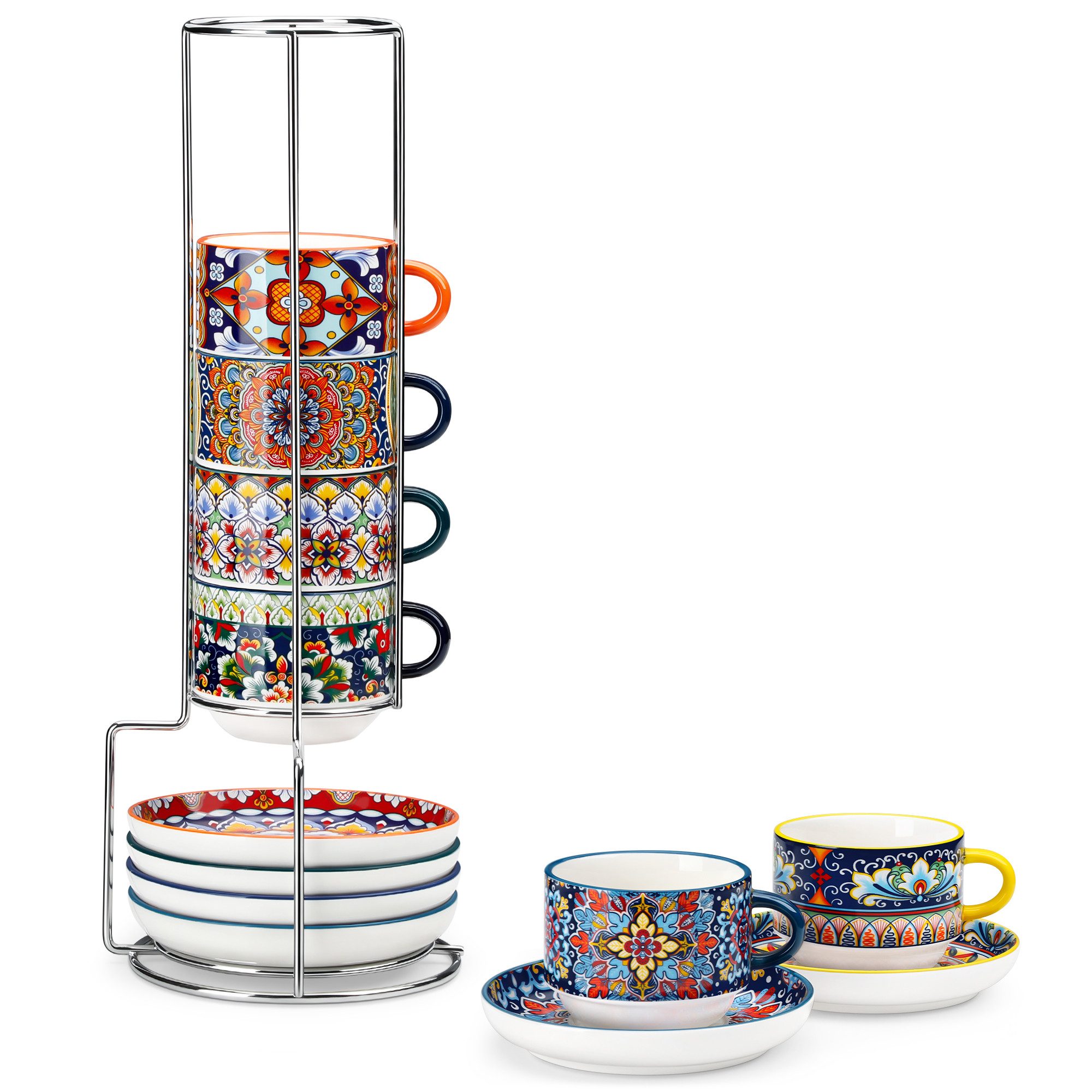 vancasso Kaffeeservice 6tlg Kaffeeservice, Porzellan Espresso-Set, Metallständer (1-tlg), 6 Personen, Porzellan