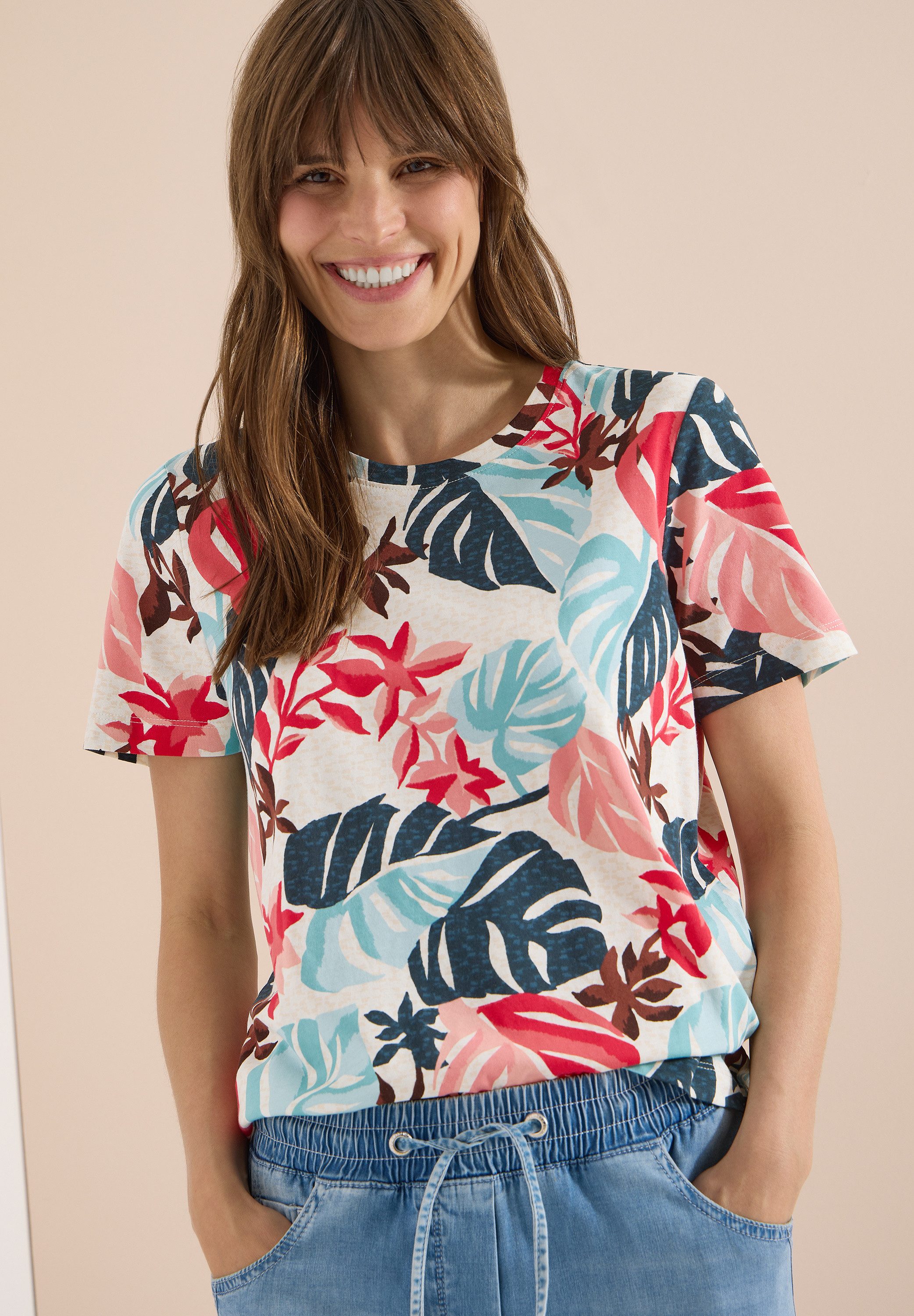 CECIL Kurzarmshirt Sommershirt mit Rundhals und Blätterprint