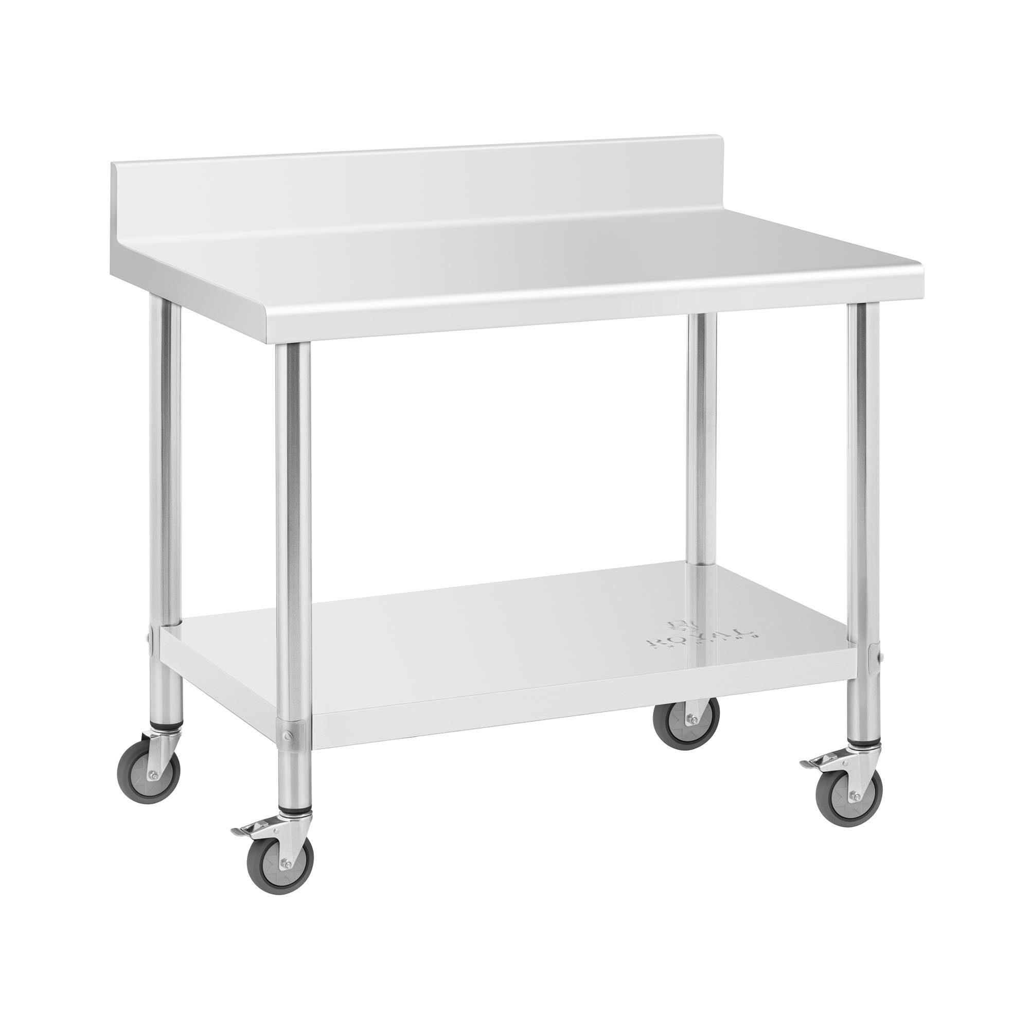 Royal Catering Arbeitstisch 60 x 100 cm Rollbarer Edelstahltisch Aufkantung Gastrotisch 155 kg, verschiedene Größen