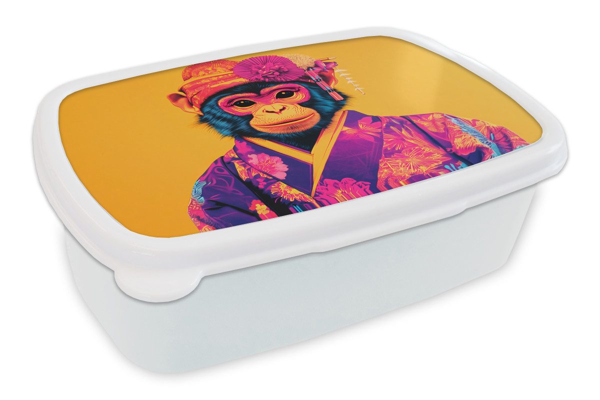 MuchoWow Lunchbox Affe - Kimono - Blumen - Kopfschmuck, Kunststoff, (2-tlg), Brotdose Schule oder Arbeit, Brotbox für Kinder und Erwachsene