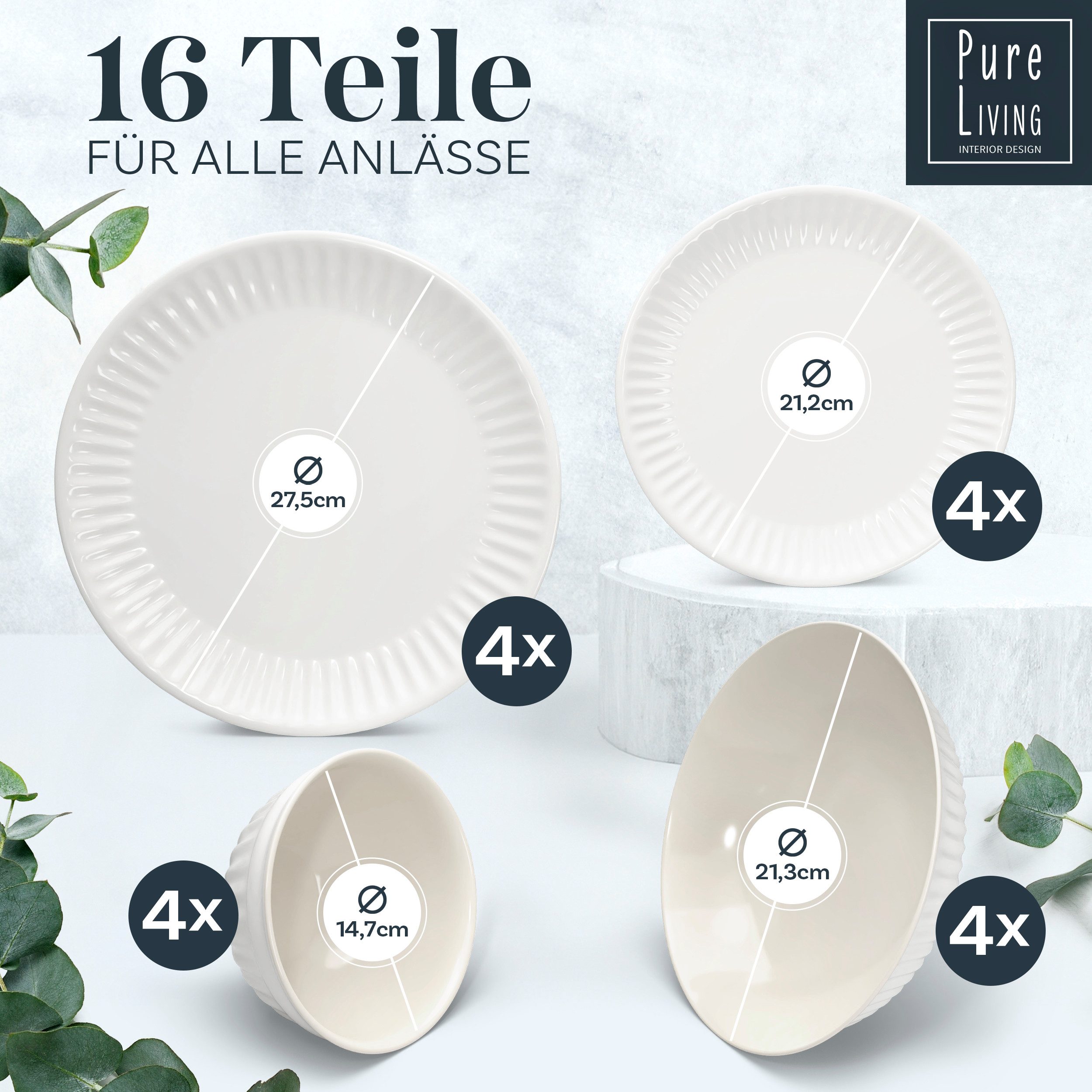 PURE LIVING INTERIOR DESIGN Geschirr-Set Hygge aus Steingut, 16-tlg., für 4 Personen, Hellgrau, 4 Personen, Steingut, Skandinavisches Design mit Riffelstruktur, Harmonische Farbgebung, Ma…