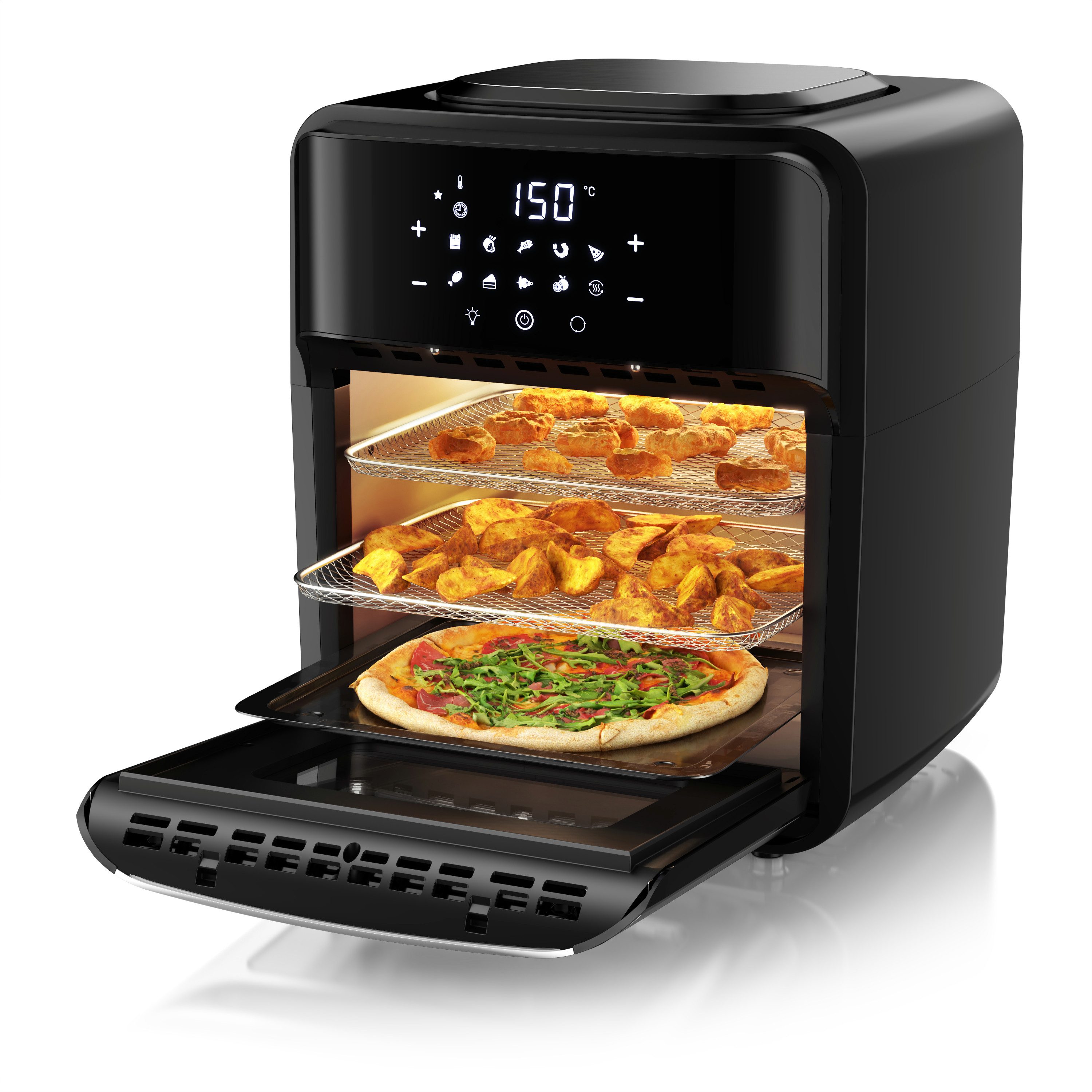 Arendo Heißluftfritteuse mit Zubehör, Airfryer 12L, 3in1 Edelstahl Heissluftfritteuse XXL, 1800 W, Mini Backofen, Grill, Dörrautomat, Fritteuse ohne Öl, Umluft Drehgrill