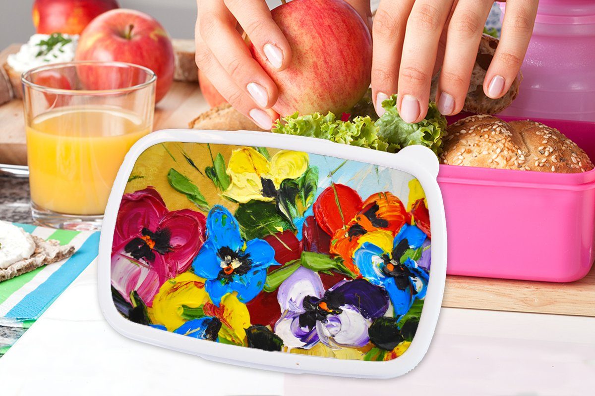 Mädchen, (2-tlg), Kunststoff Erwachsene, MuchoWow rosa Brotbox Lunchbox für Brotdose Blumen, - Ölfarbe Kunststoff, Kinder, Snackbox, - Malerei