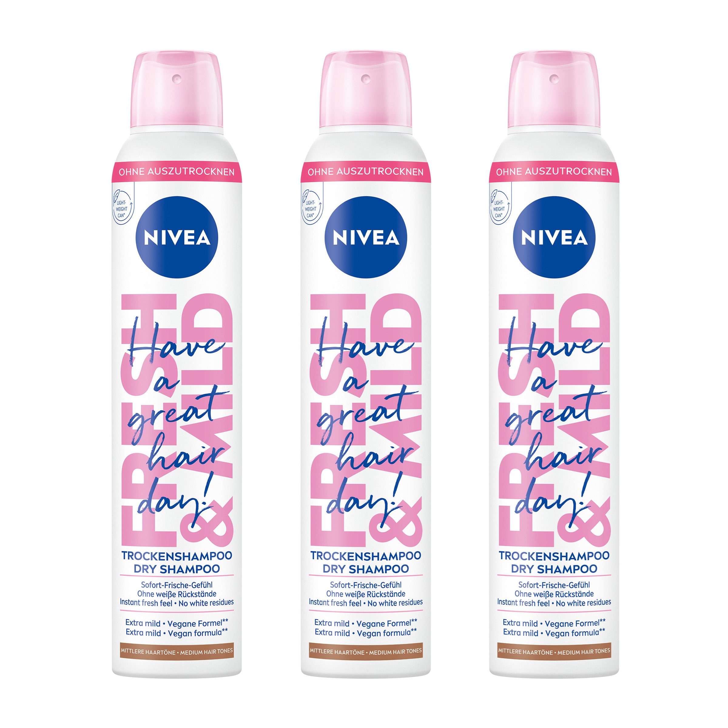 Nivea Trockenshampoo Hair Care Mittlere Haartöne Fresh & Mild schonend 3 x 200ml, 3-tlg., Hinterlässt keine weißen Rückstände