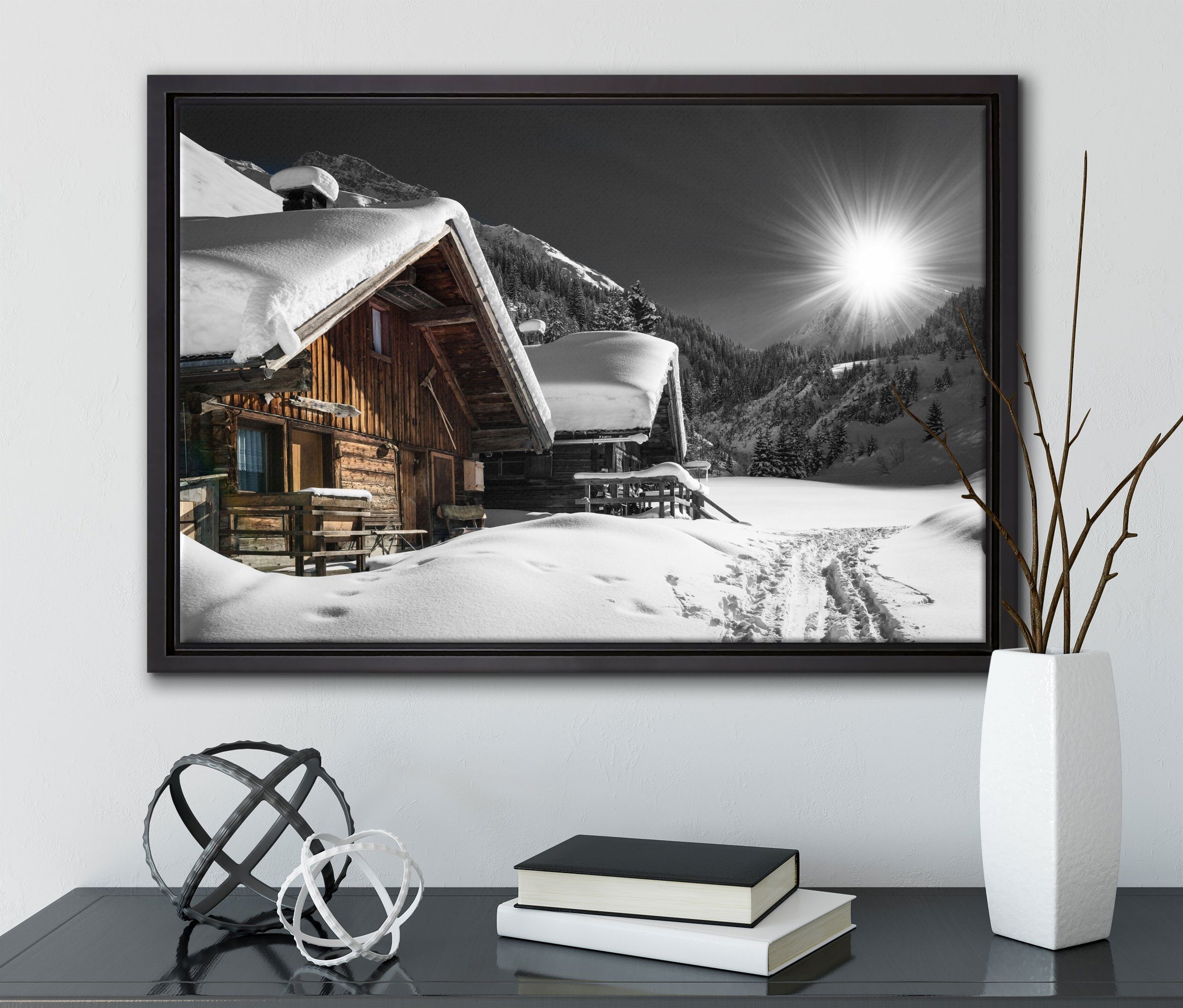 Pixxprint Leinwandbild Alpenhütten, Wanddekoration (1 einem gefasst, in Leinwandbild inkl. Schattenfugen-Bilderrahmen bespannt, fertig Zackenaufhänger St)